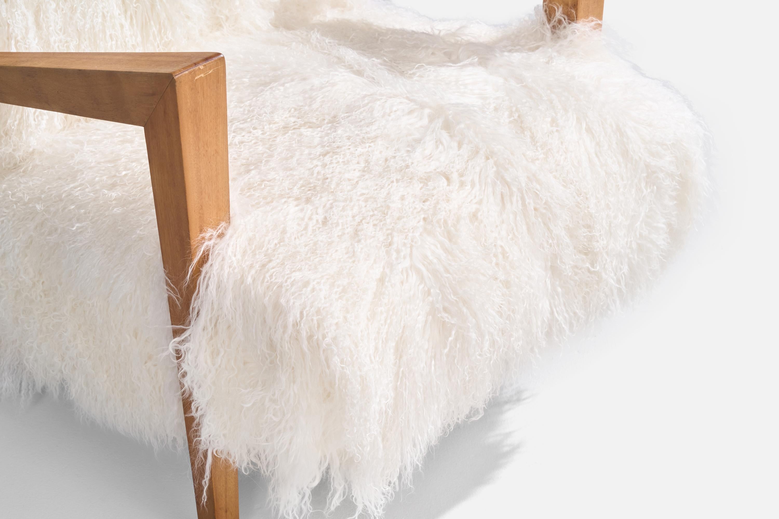 American Designer, Lounge Chair, Wood, Shearling, USA, 1940s For Sale 5