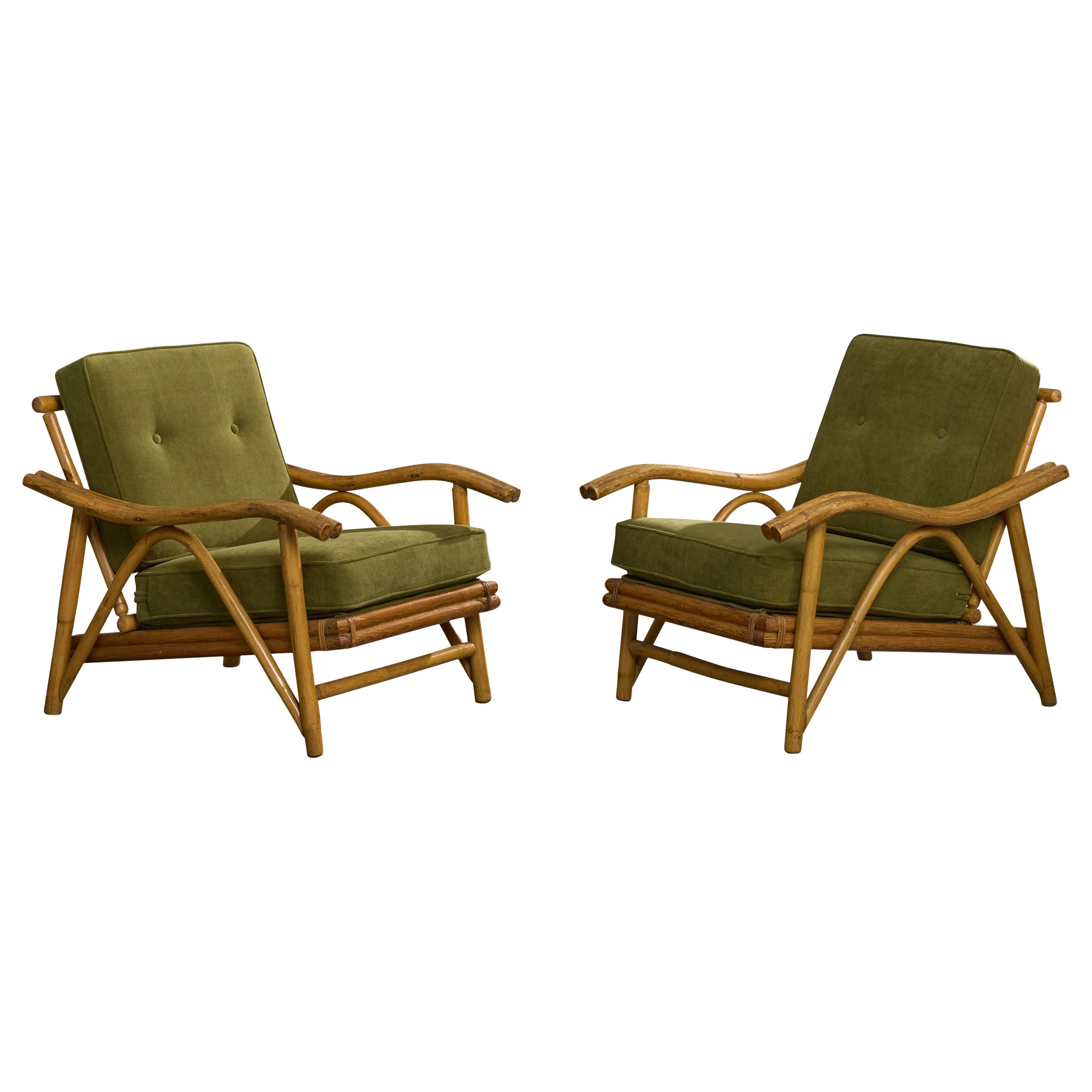 American Designer, Lounge Chairs, Bamboo, Fabric, USA, 1950s