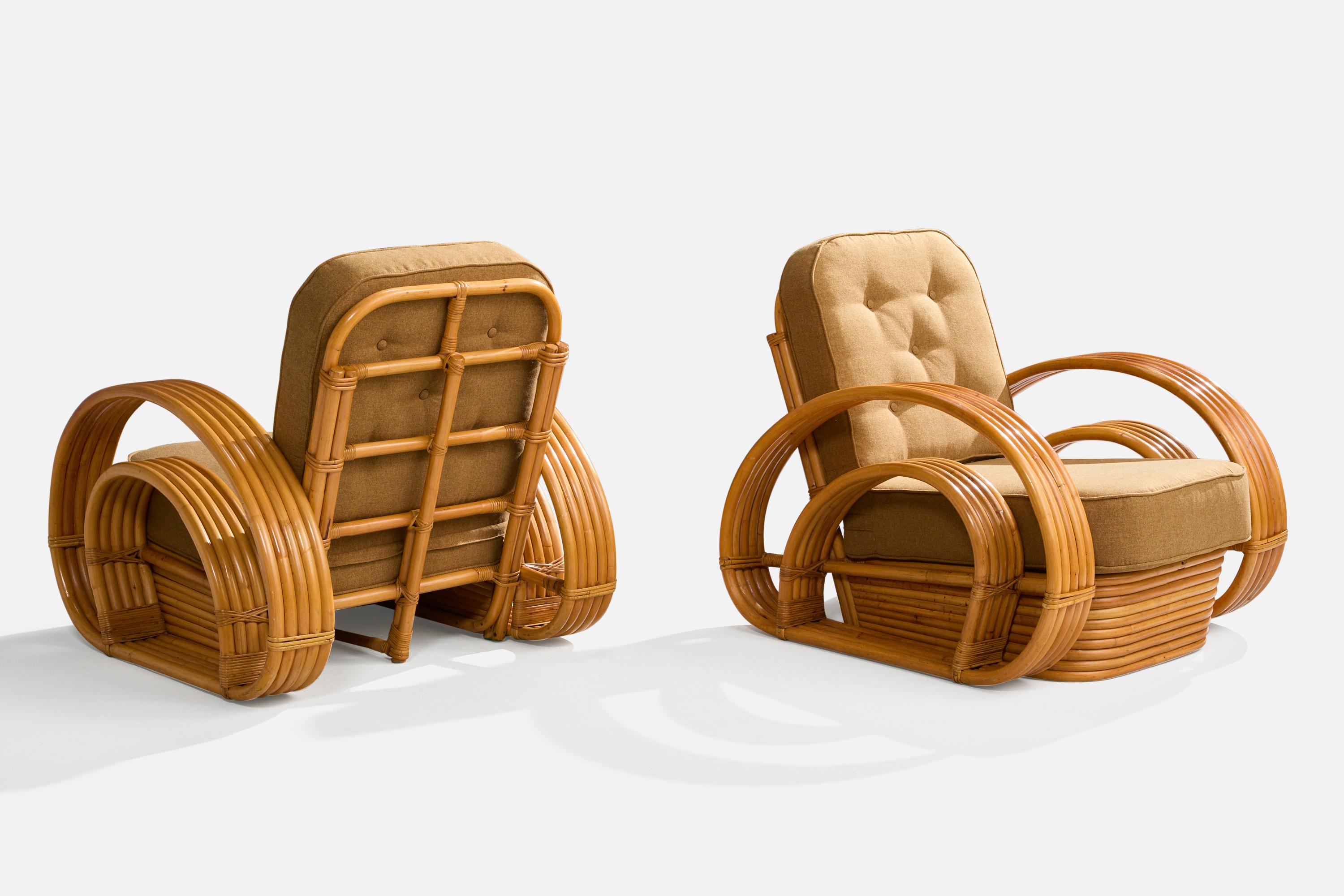 American Designer, Lounge Chairs, Bamboo, Rattan, Fabric, USA, 1950s In Good Condition In High Point, NC
