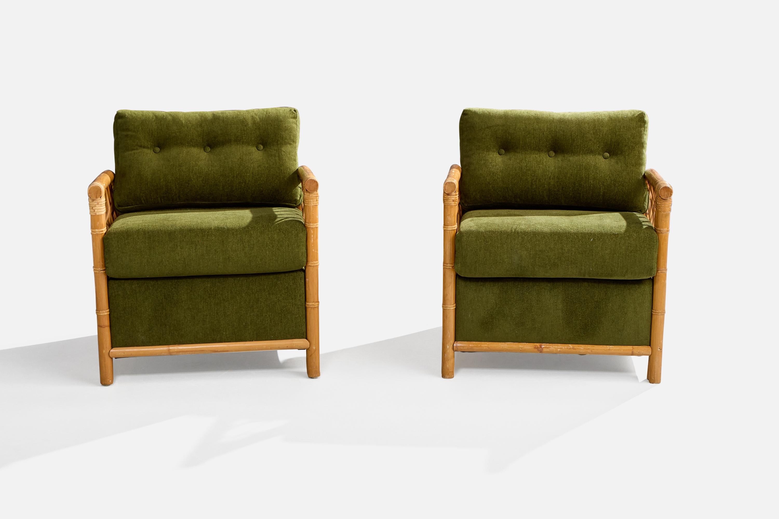 Diseñador americano, sillas de salón, bambú, ratán, tela, EE.UU., años 1960 Moderno de mediados de siglo en venta