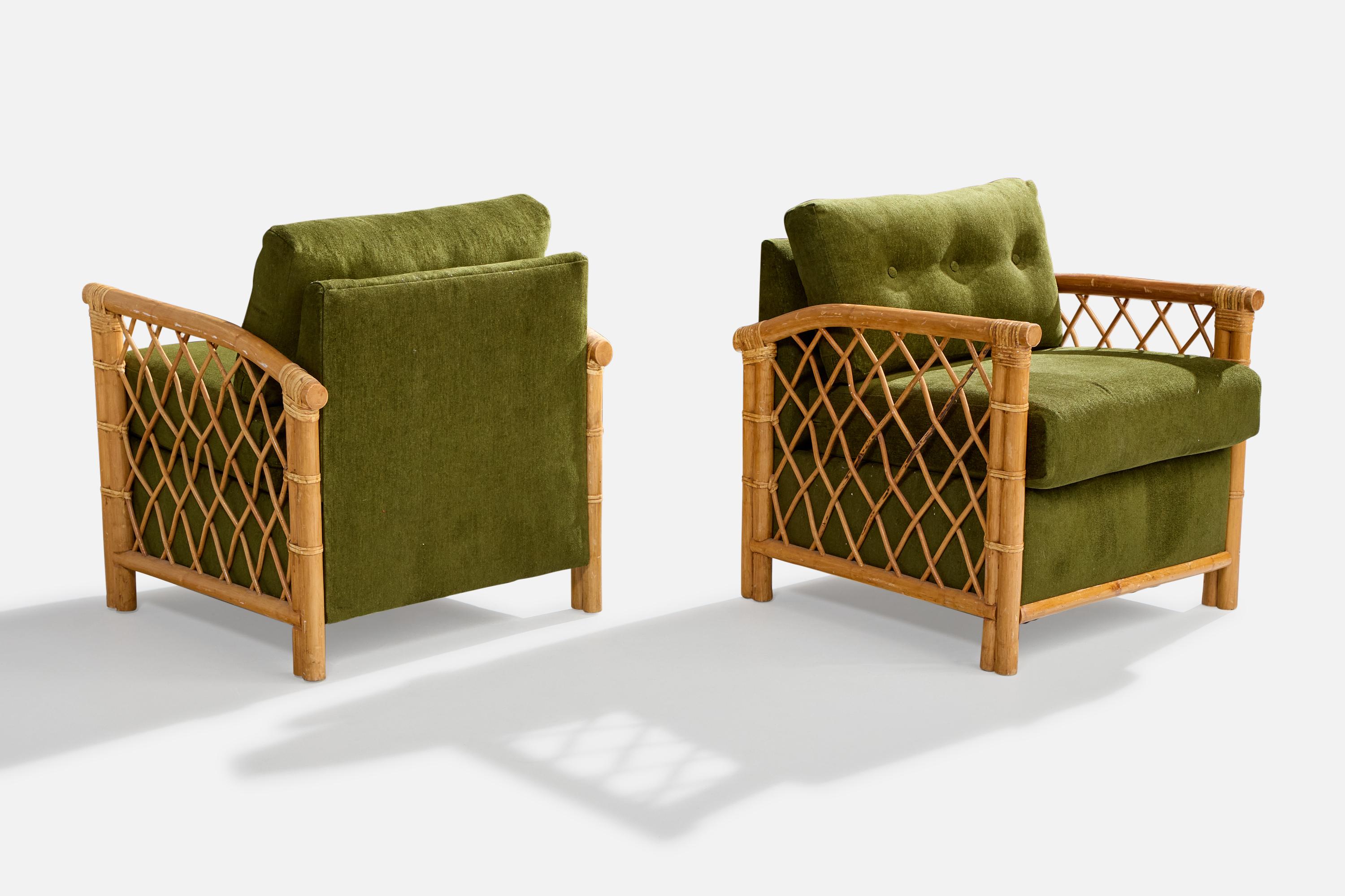 Diseñador americano, sillas de salón, bambú, ratán, tela, EE.UU., años 1960 Estadounidense en venta