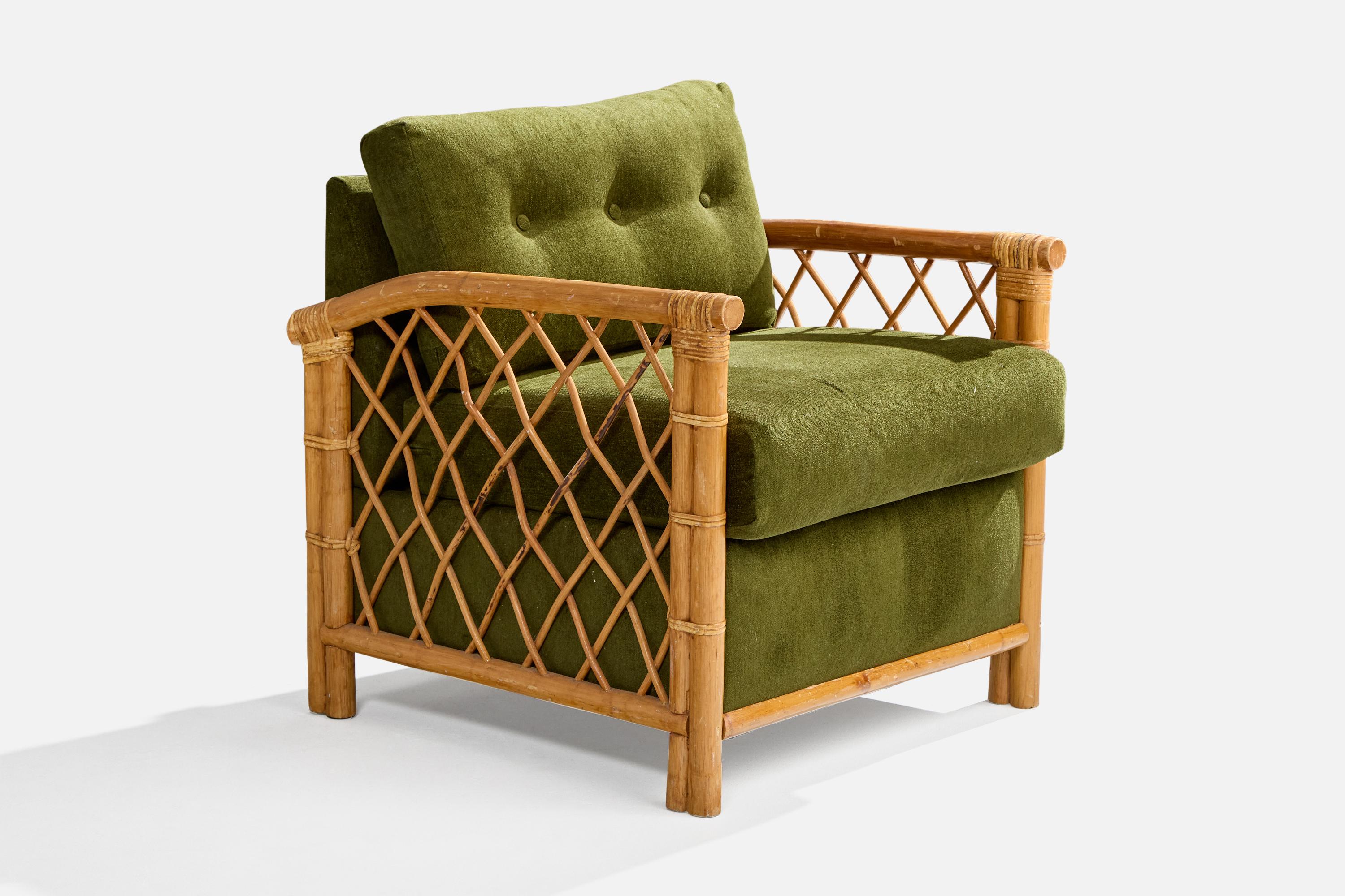 Diseñador americano, sillas de salón, bambú, ratán, tela, EE.UU., años 1960 en Bueno estado para la venta en High Point, NC