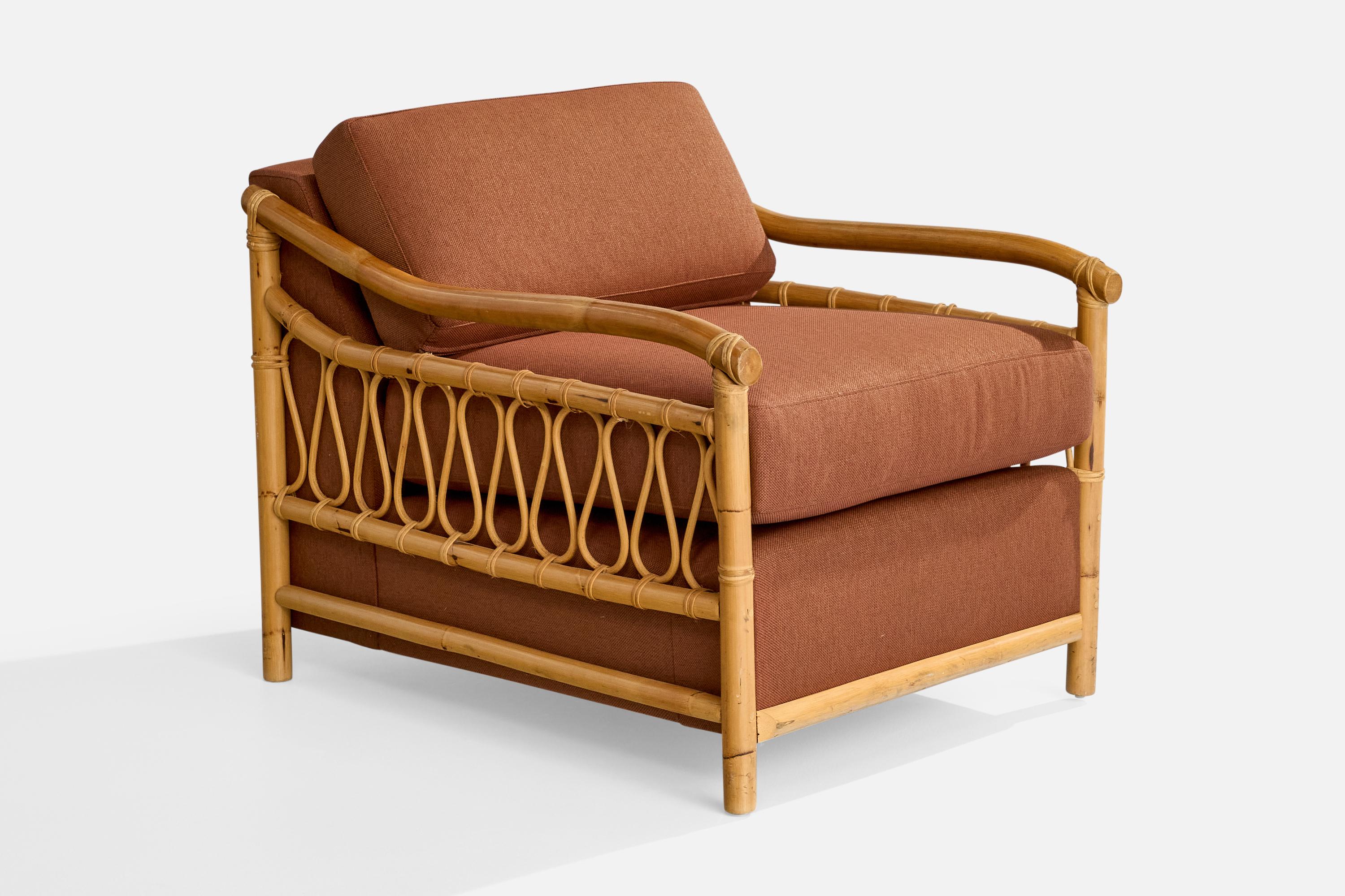 American Designer, Lounge Chairs, Bamboo, Rattan, Fabric, USA, 1970s For Sale 6