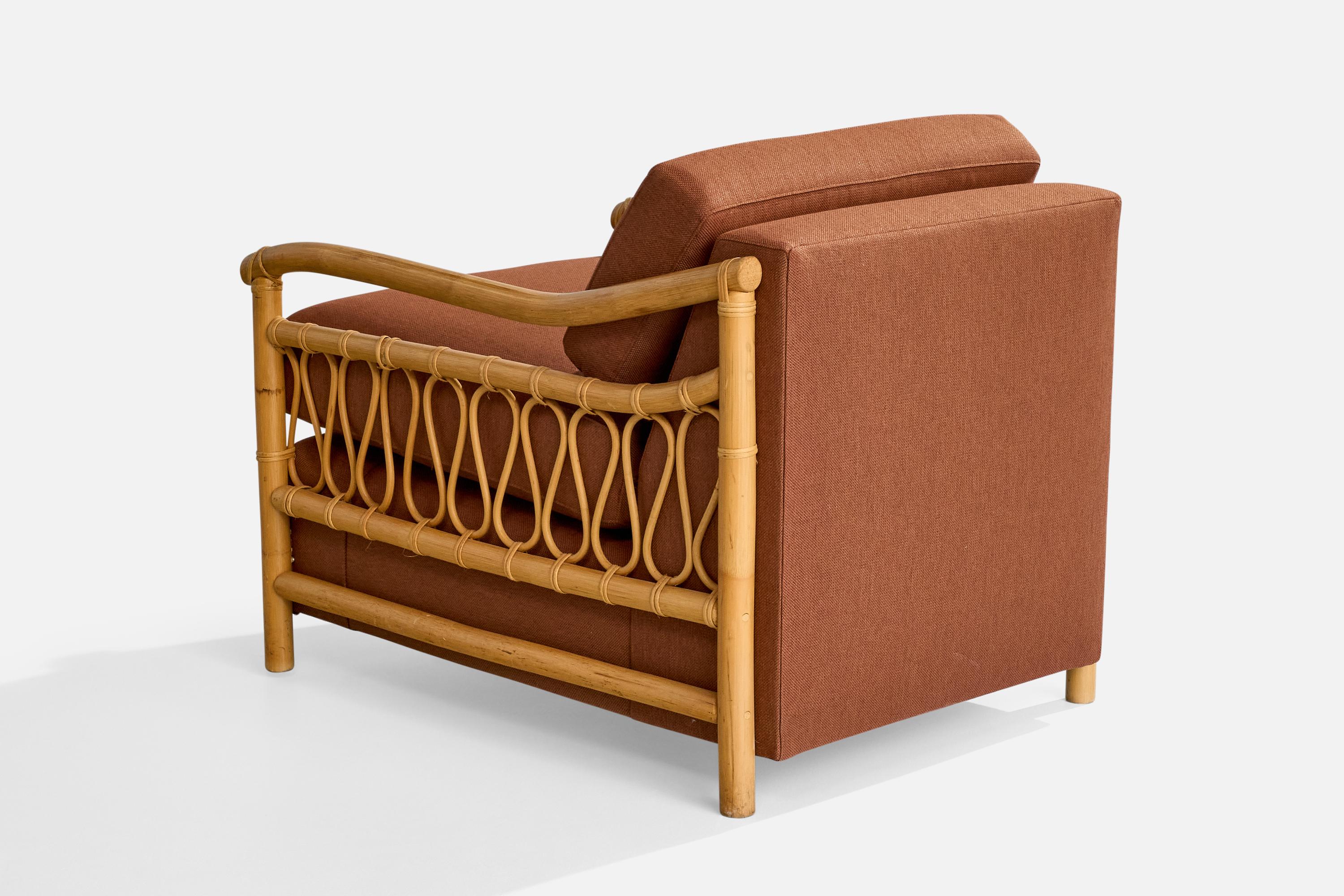 American Designer, Lounge Chairs, Bamboo, Rattan, Fabric, USA, 1970s For Sale 7