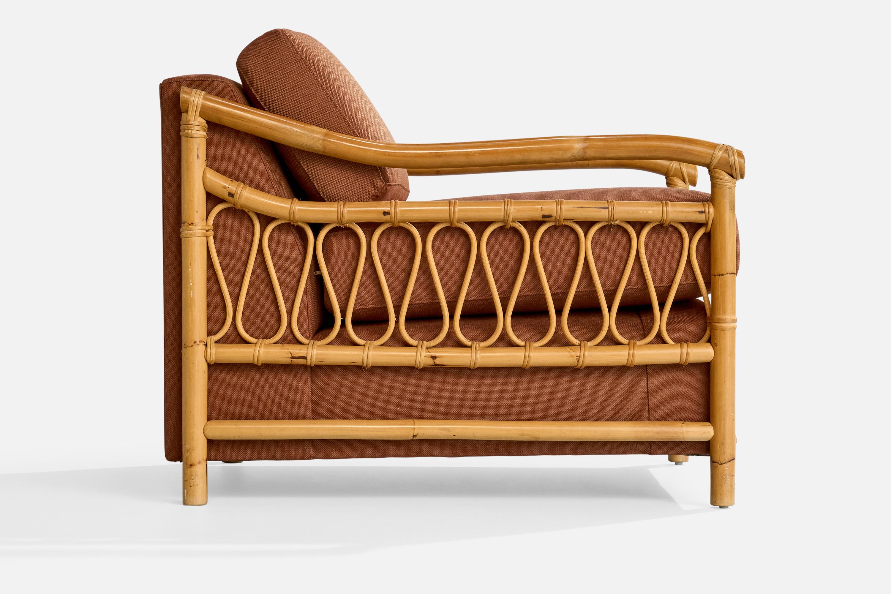 American Designer, Lounge Chairs, Bamboo, Rattan, Fabric, USA, 1970s For Sale 8