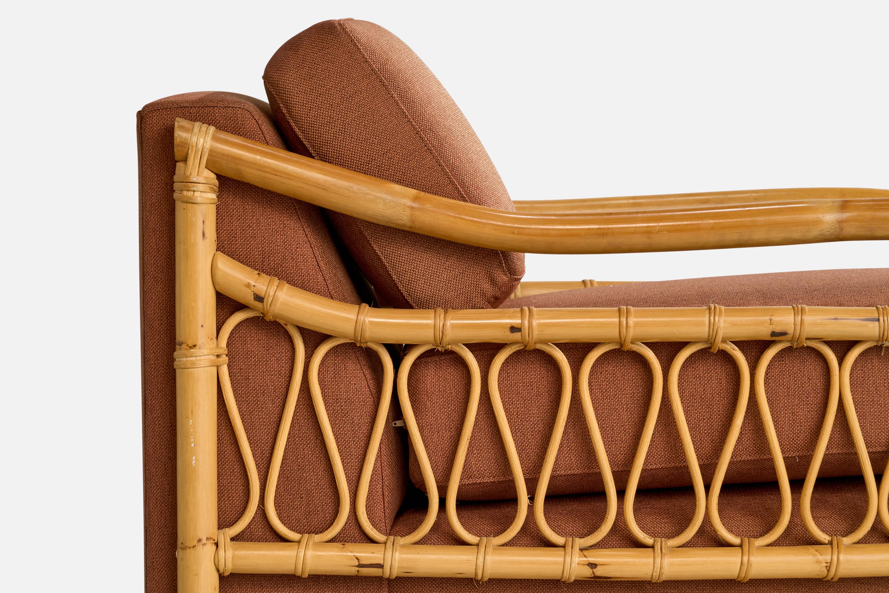 American Designer, Lounge Chairs, Bamboo, Rattan, Fabric, USA, 1970s For Sale 11