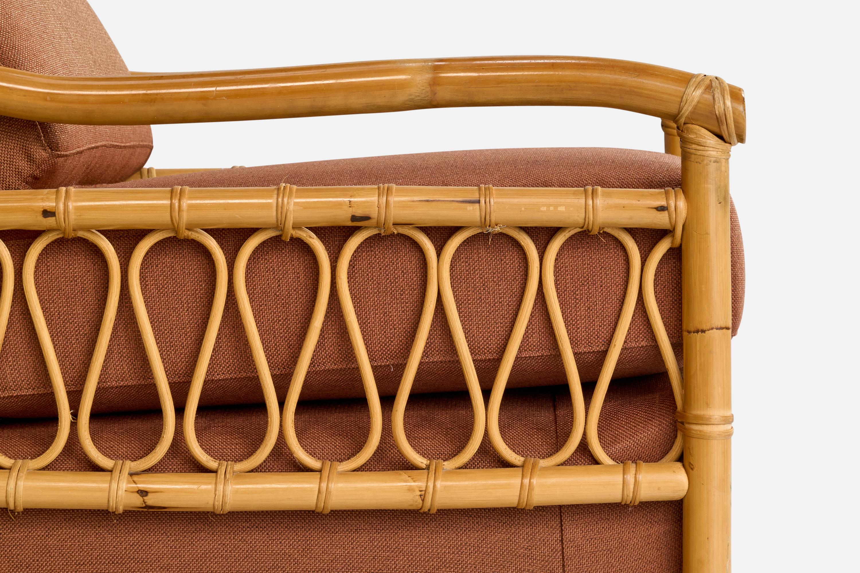 American Designer, Lounge Chairs, Bamboo, Rattan, Fabric, USA, 1970s For Sale 1