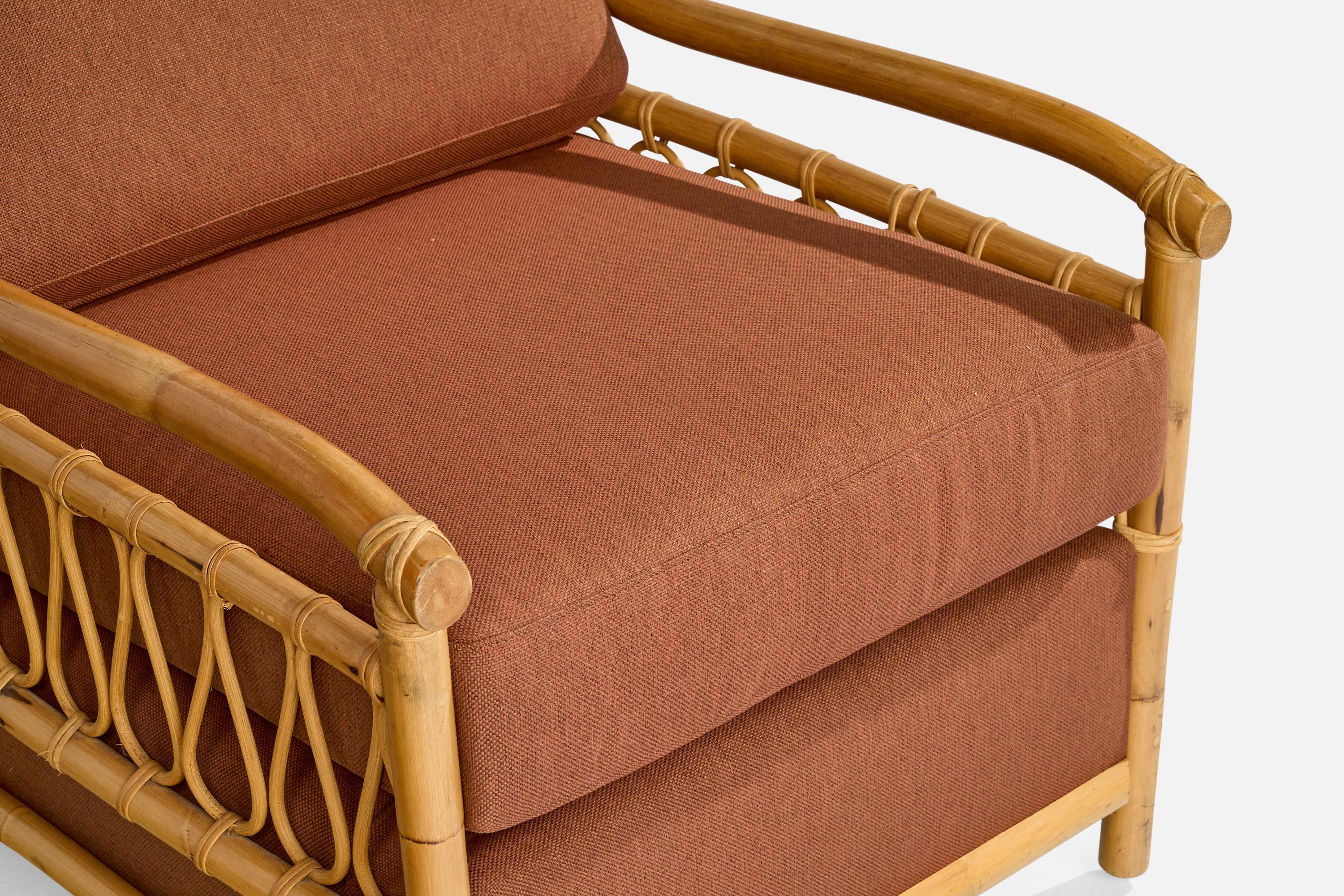 American Designer, Lounge Chairs, Bamboo, Rattan, Fabric, USA, 1970s For Sale 2