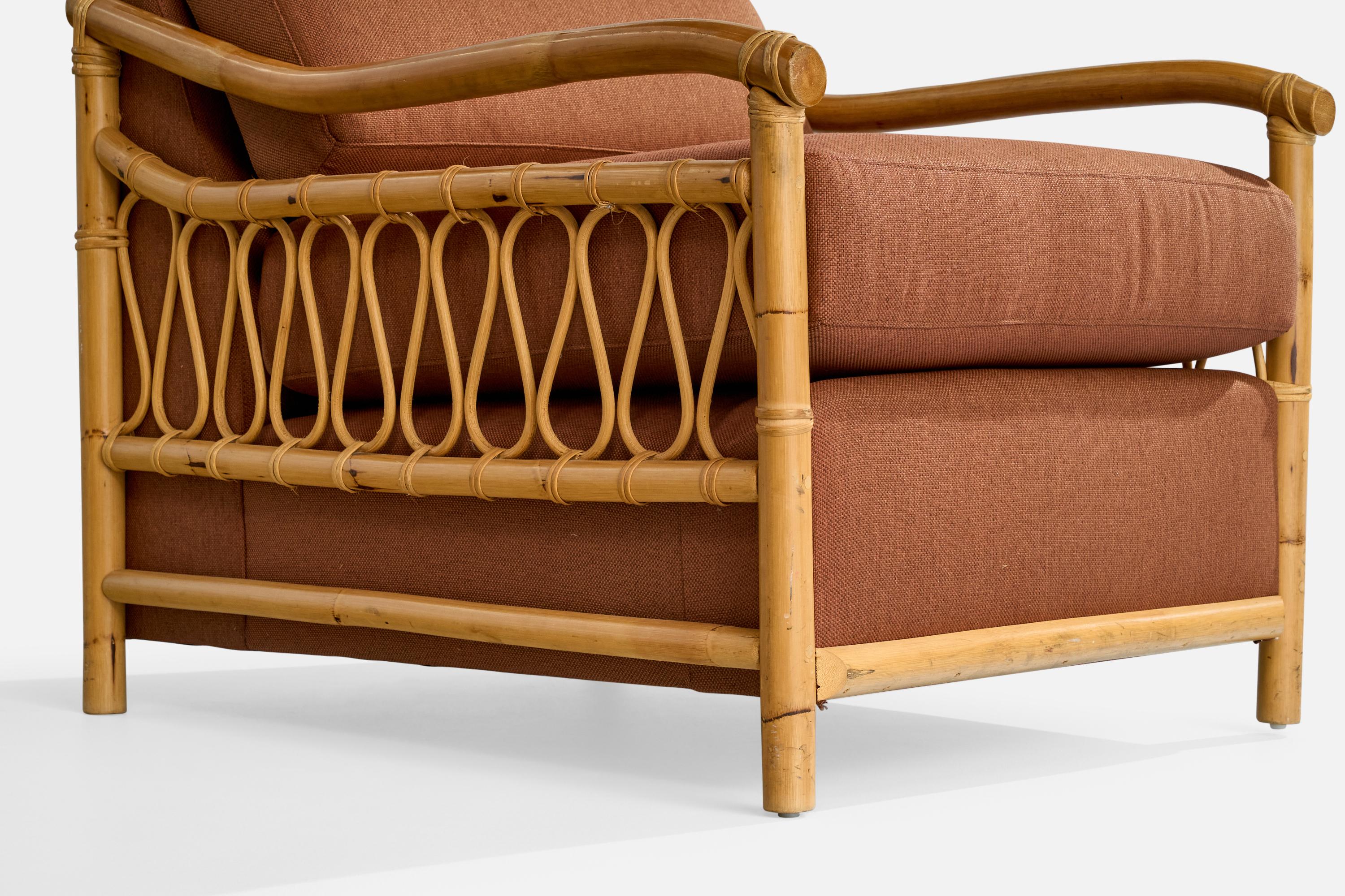 American Designer, Lounge Chairs, Bamboo, Rattan, Fabric, USA, 1970s For Sale 3