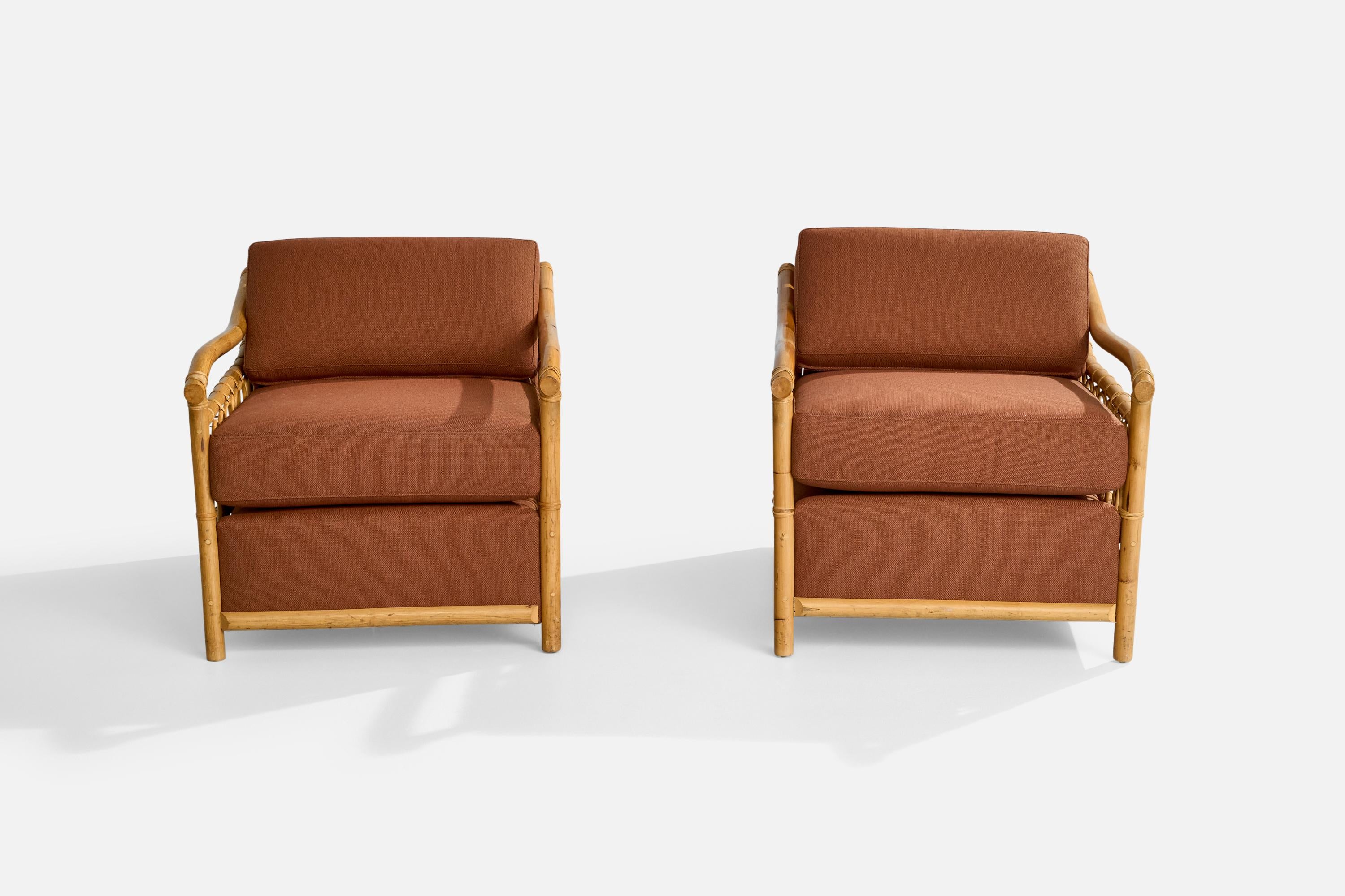 American Designer, Lounge Chairs, Bamboo, Rattan, Fabric, USA, 1970s For Sale 5