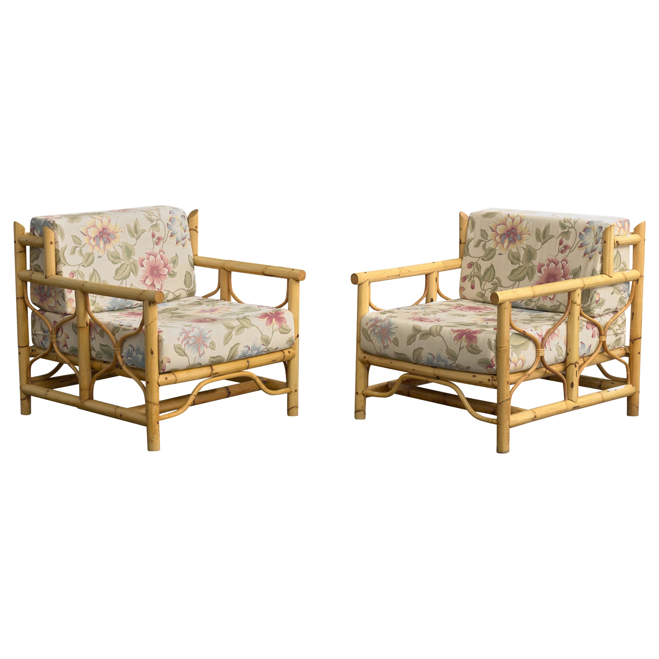 American Designer, Lounge Chairs, Bamboo, Rattan, Fabric, USA, 1970s