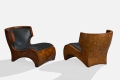 American Designer, Lounge Chairs, Burl, Leather, USA, 1980s