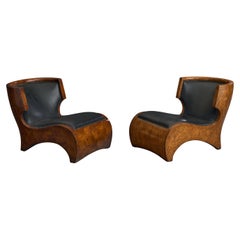 American Designer, Lounge Chairs, Burl, Leather, USA, 1980s