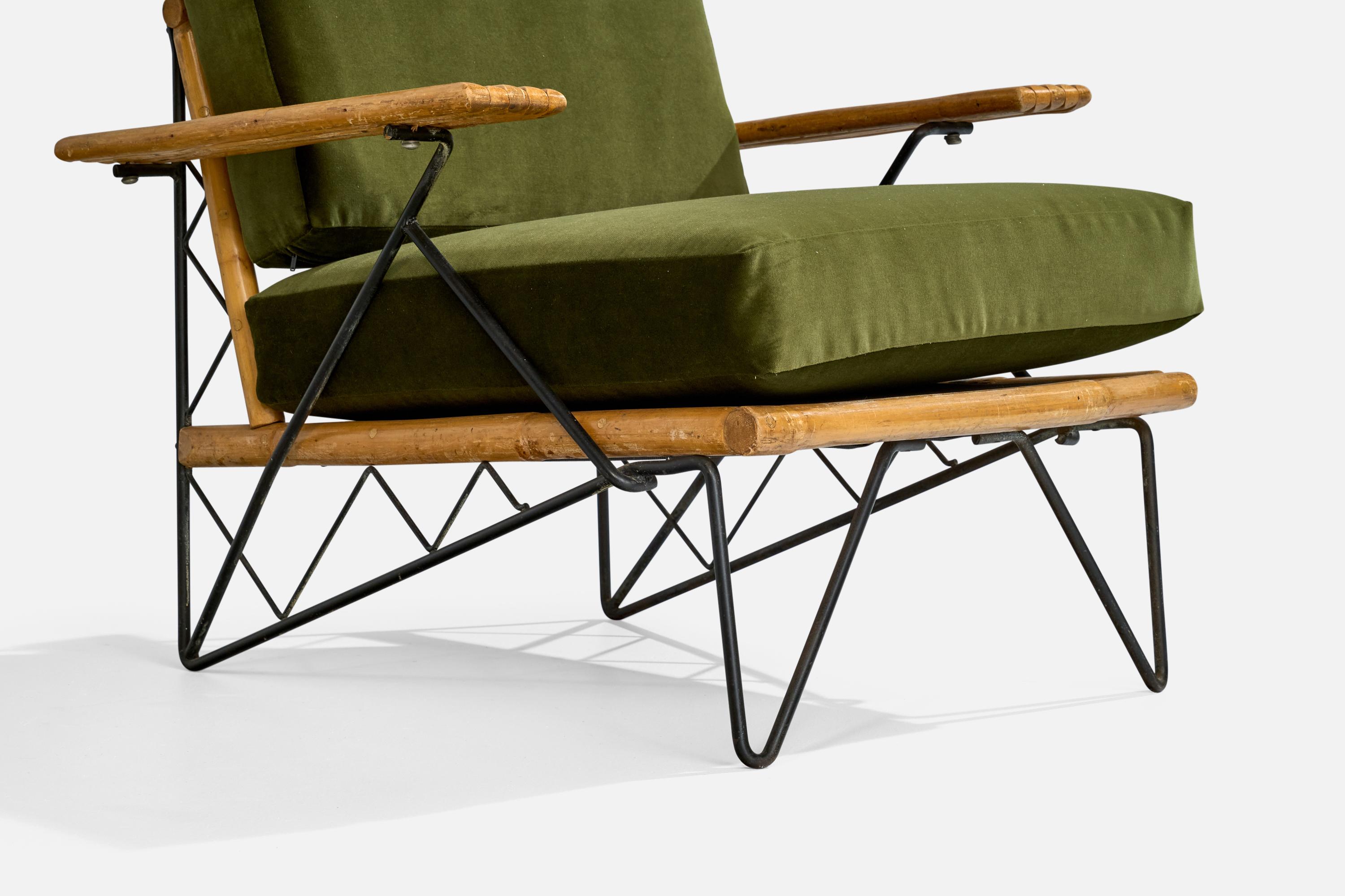 Mid-Century Modern American Designer, Lounge Chairs, Iron, Bamboo, Velvet, USA, 1950s