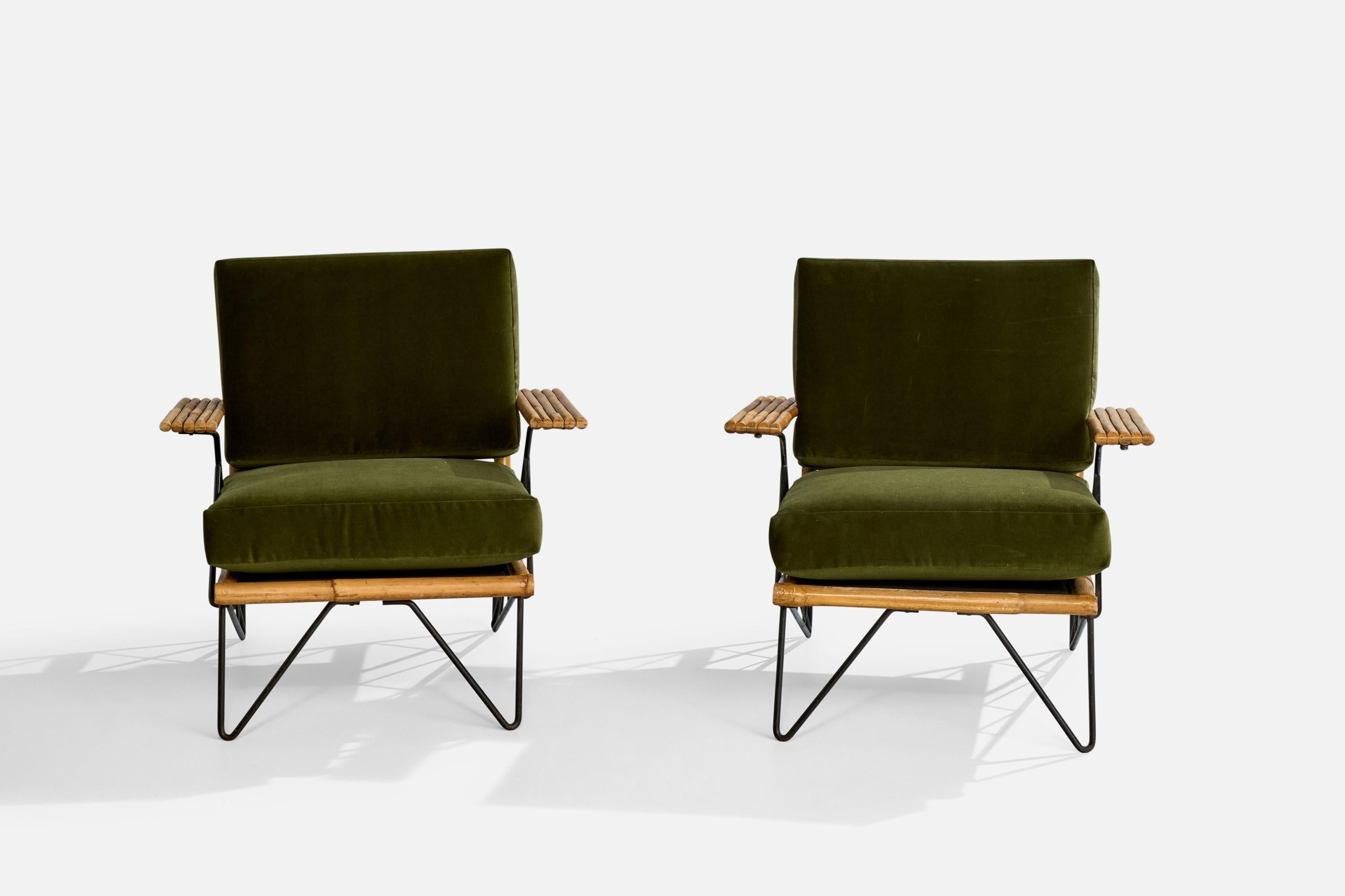 Mid-20th Century American Designer, Lounge Chairs, Iron, Bamboo, Velvet, USA, 1950s