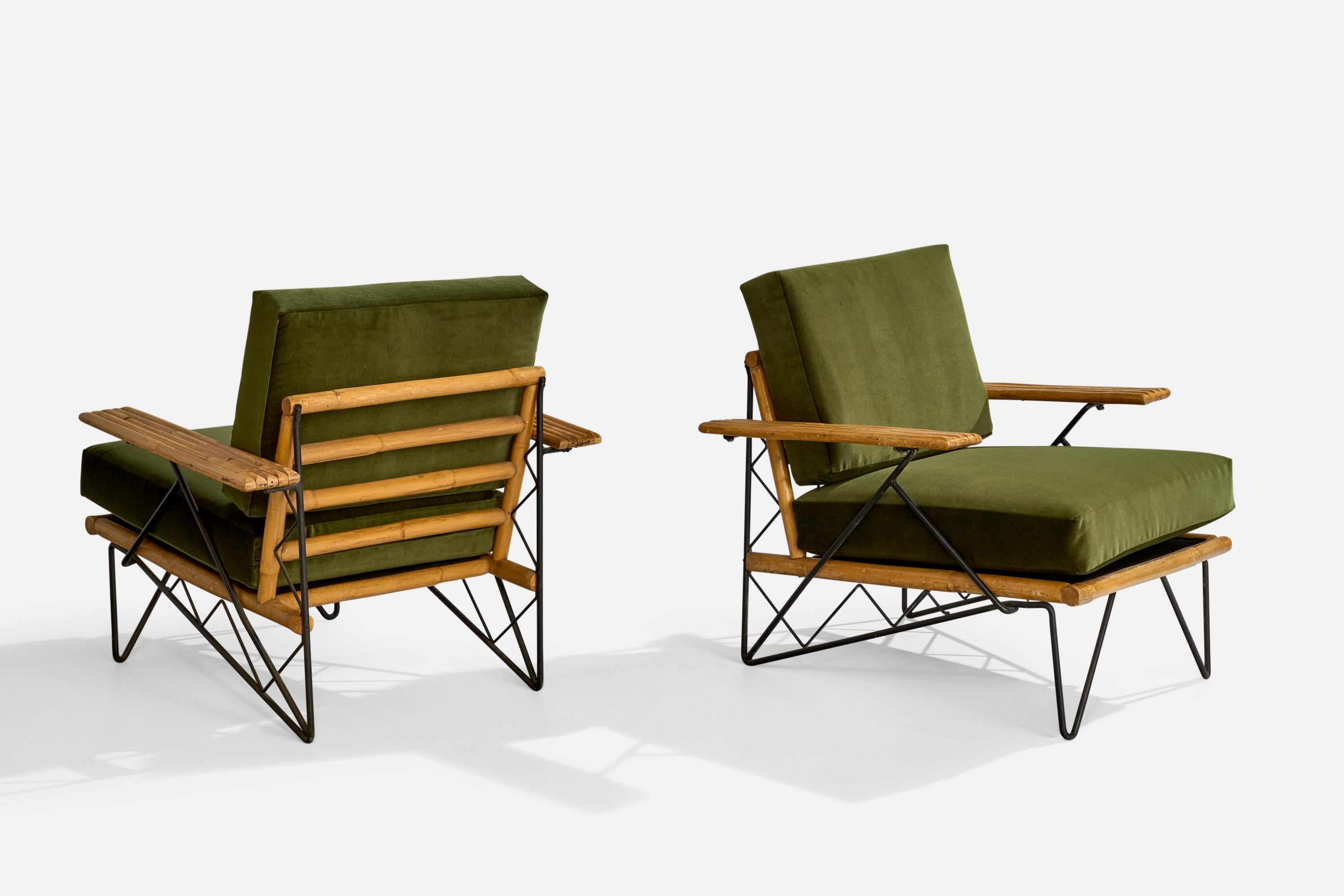 American Designer, Lounge Chairs, Iron, Bamboo, Velvet, USA, 1950s 1