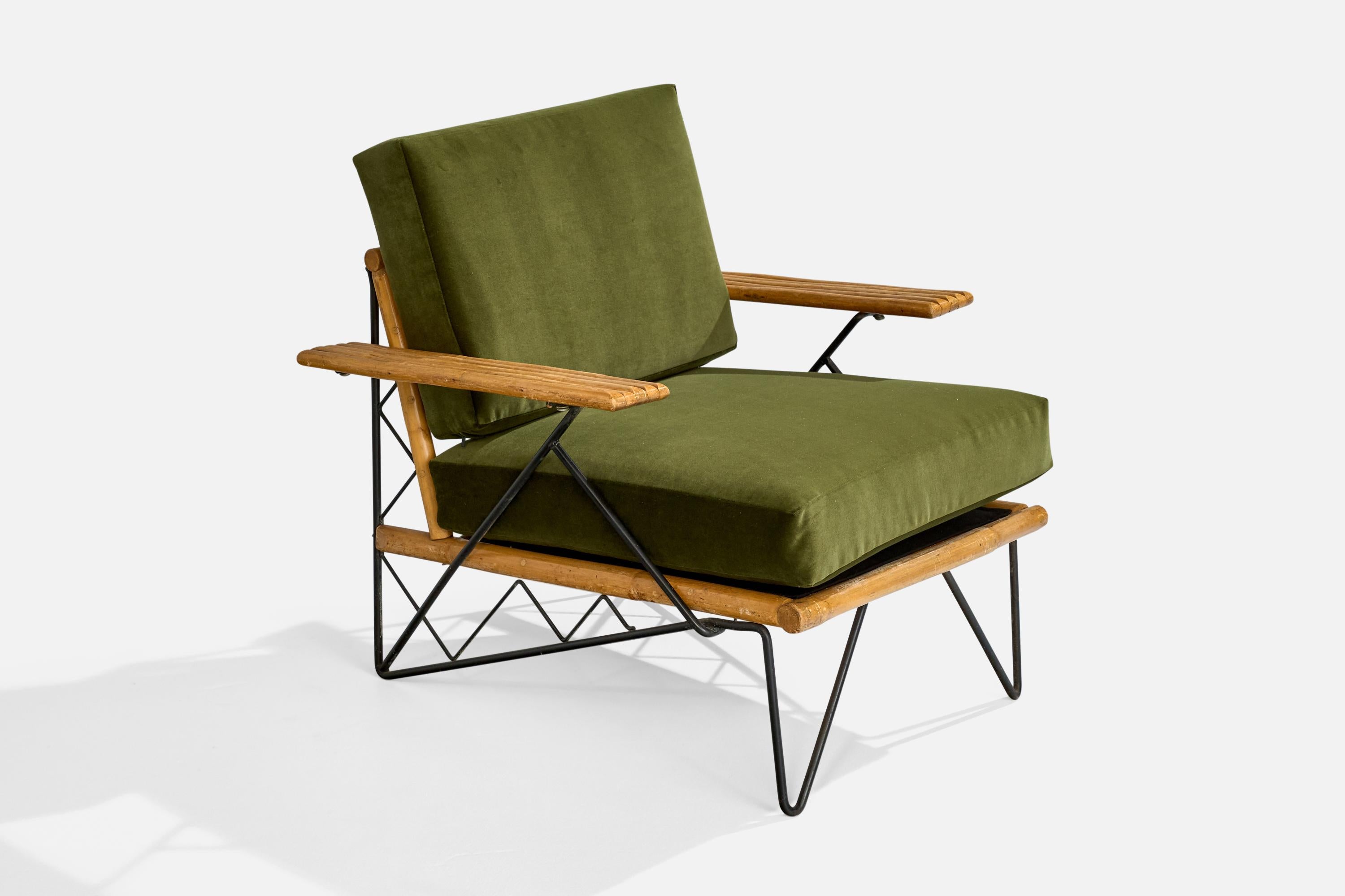 American Designer, Lounge Chairs, Iron, Bamboo, Velvet, USA, 1950s 2