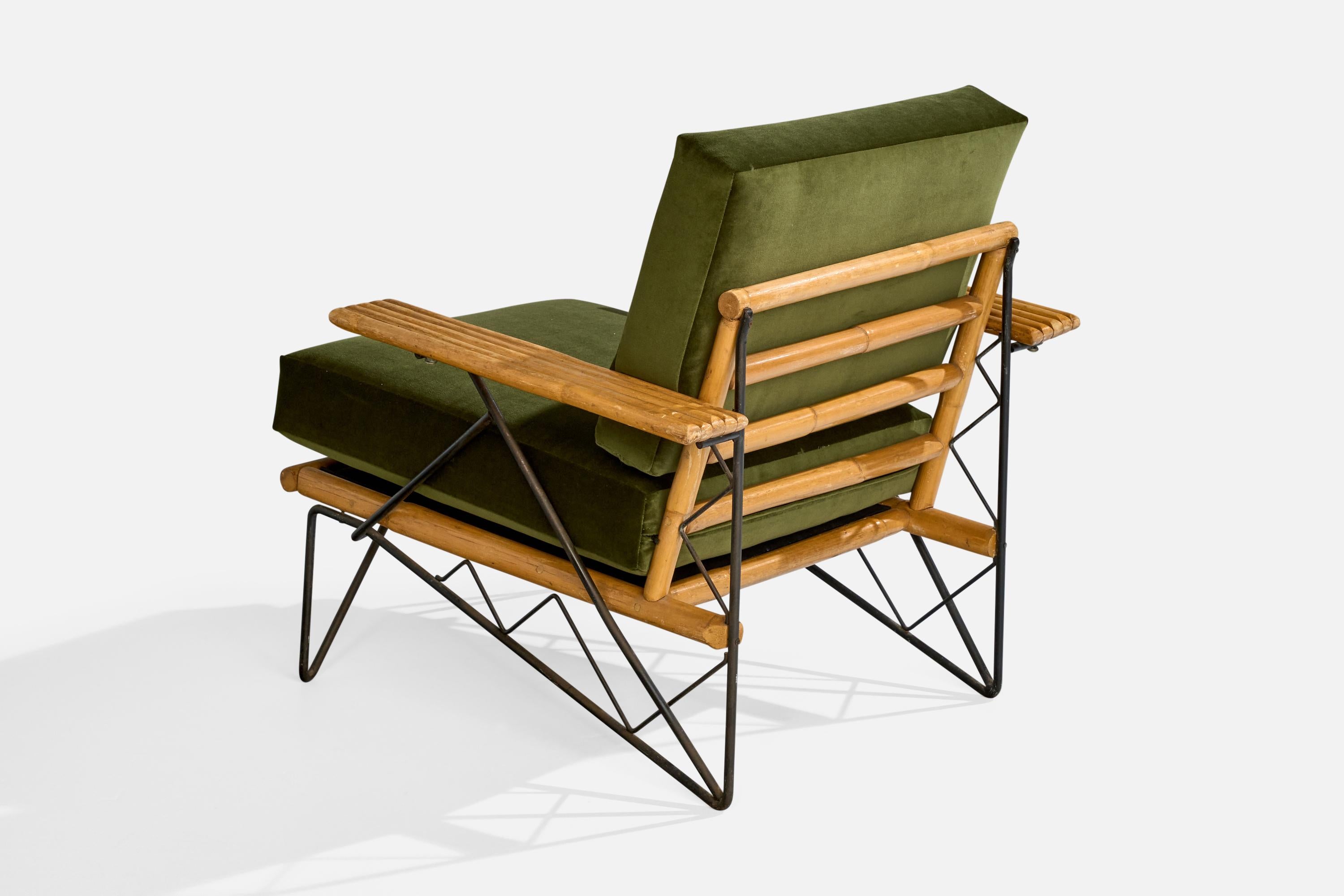 American Designer, Lounge Chairs, Iron, Bamboo, Velvet, USA, 1950s 3