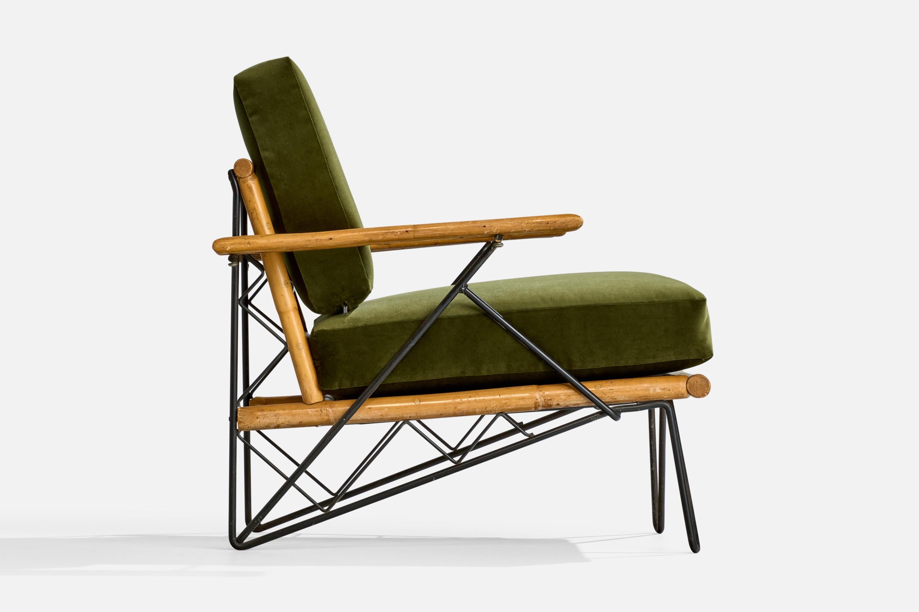 American Designer, Lounge Chairs, Iron, Bamboo, Velvet, USA, 1950s 4