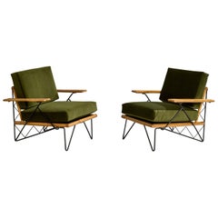 American Designer, Lounge Chairs, Iron, Bamboo, Velvet, USA, 1950s