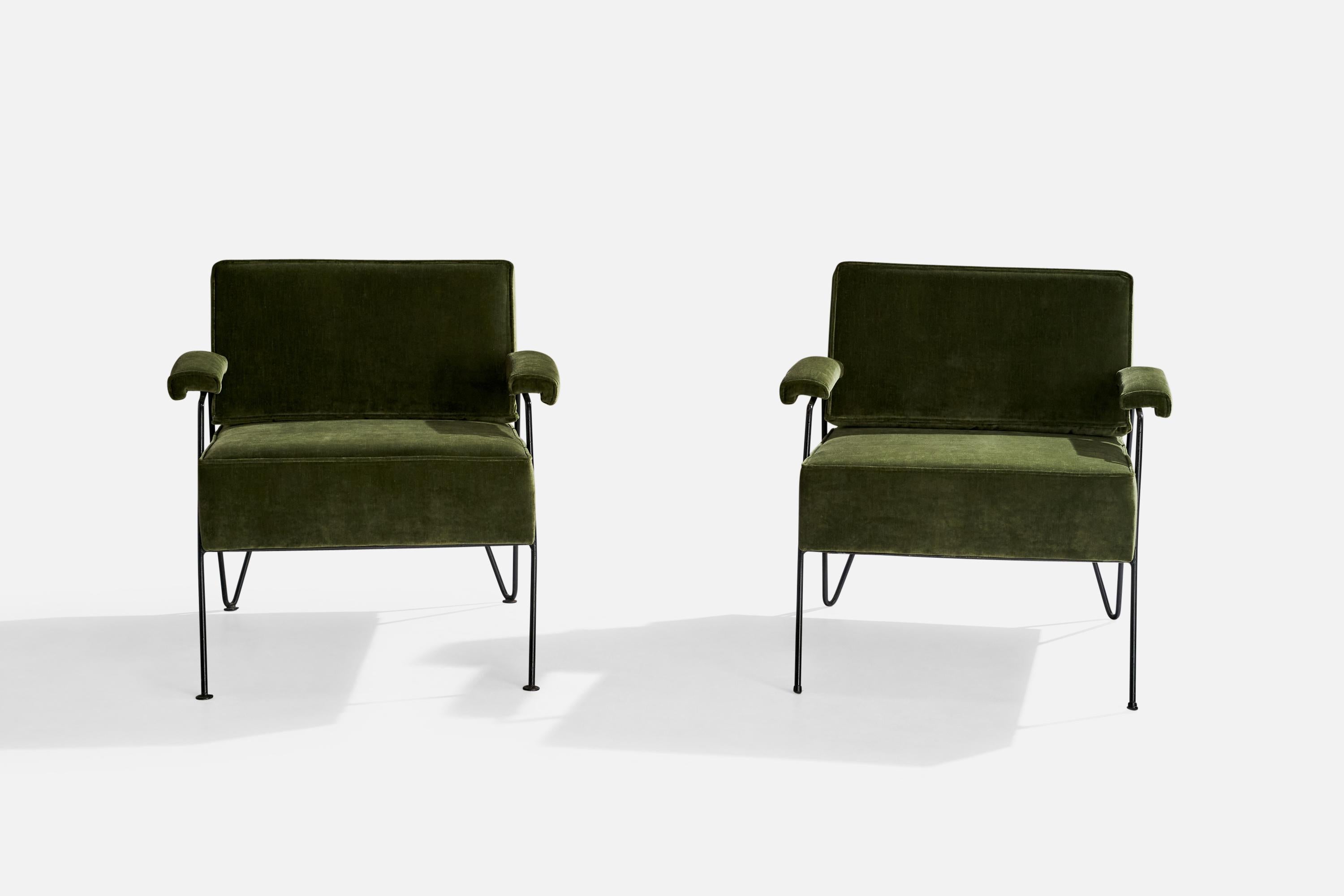 Mid-20th Century American Designer, Lounge Chairs, Iron, Velvet, USA, 1950s For Sale