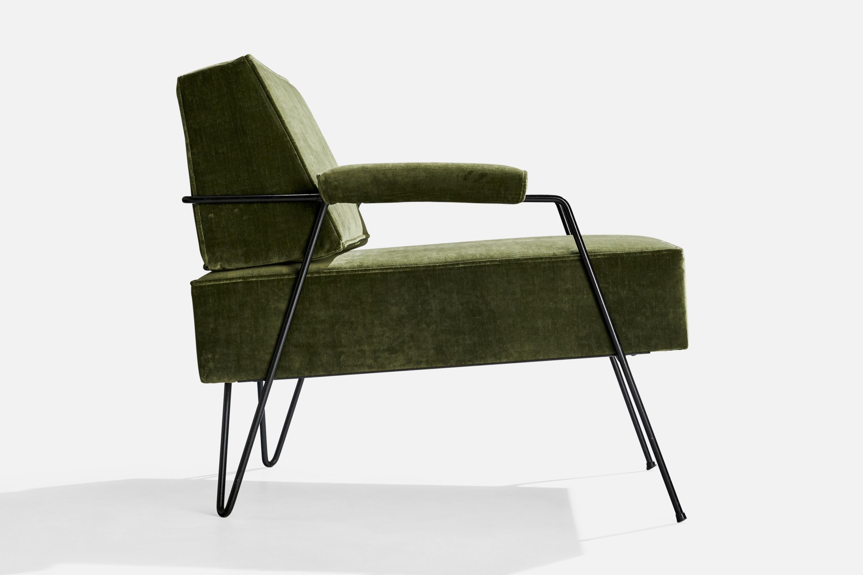 American Designer, Lounge Chairs, Iron, Velvet, USA, 1950s For Sale 1