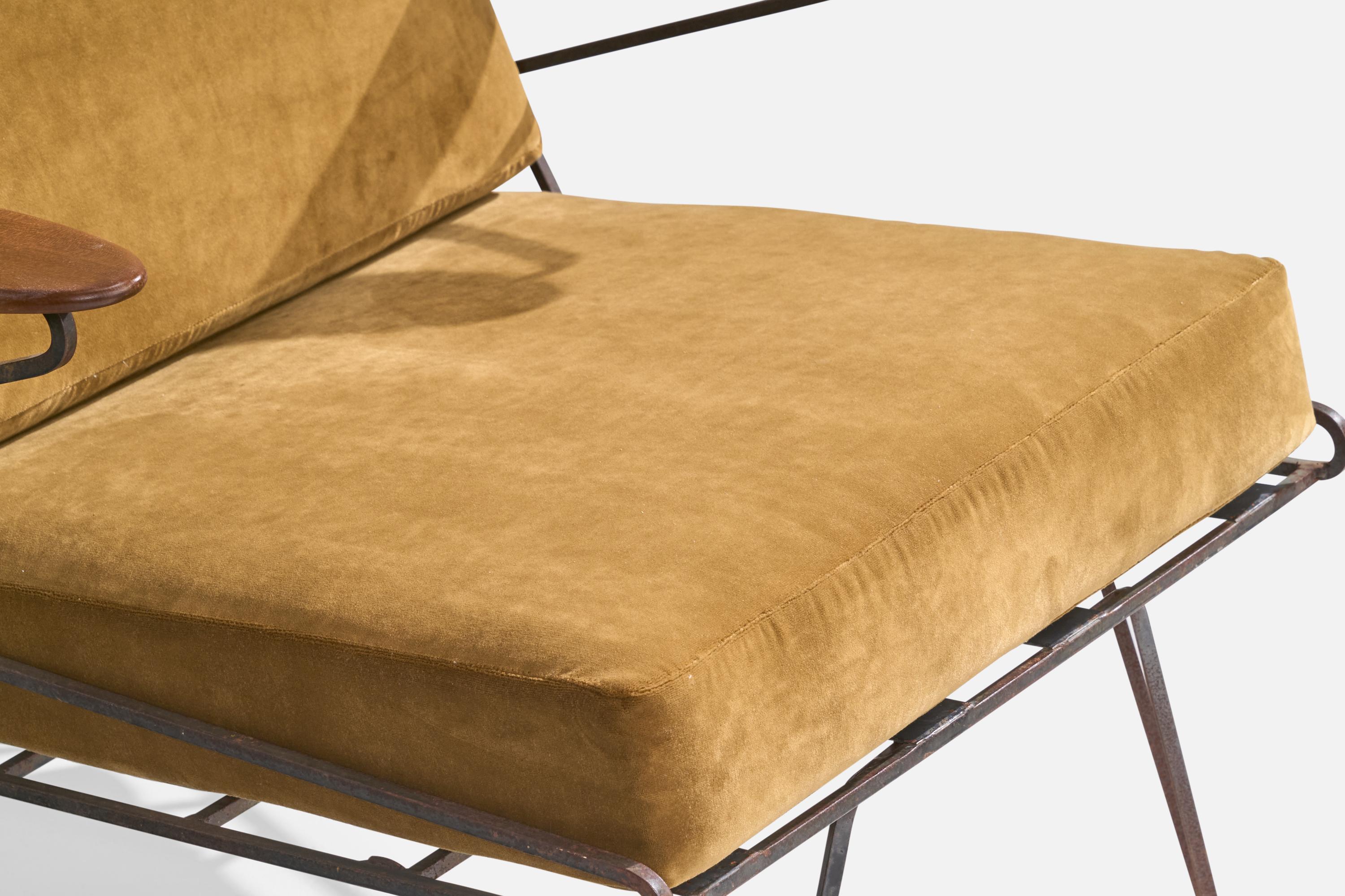 American Designer, Lounge Chairs, Iron, Wood, Velvet, USA, 1950s For Sale 7