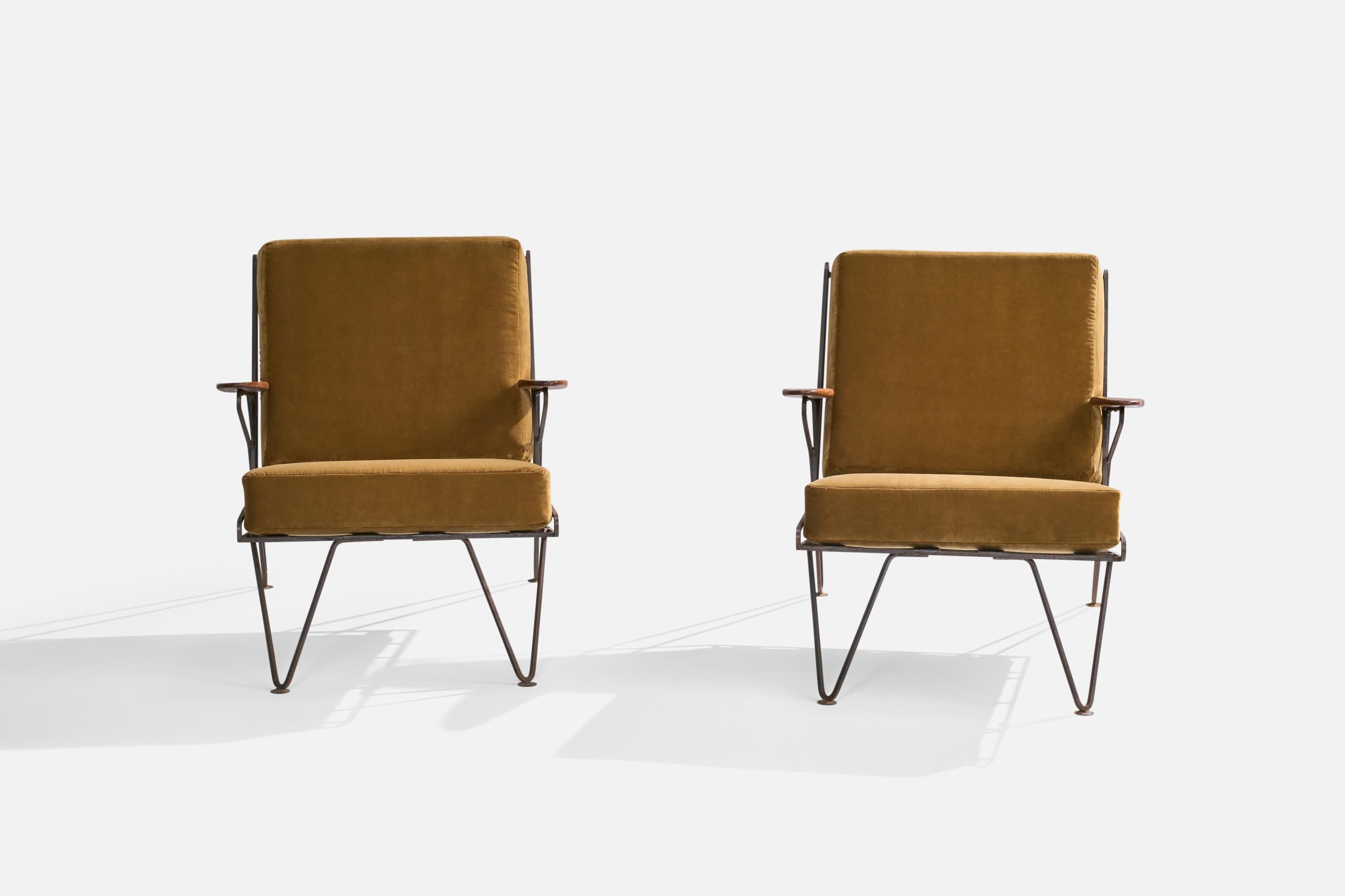 American Designer, Lounge Chairs, Iron, Wood, Velvet, USA, 1950s In Good Condition For Sale In High Point, NC