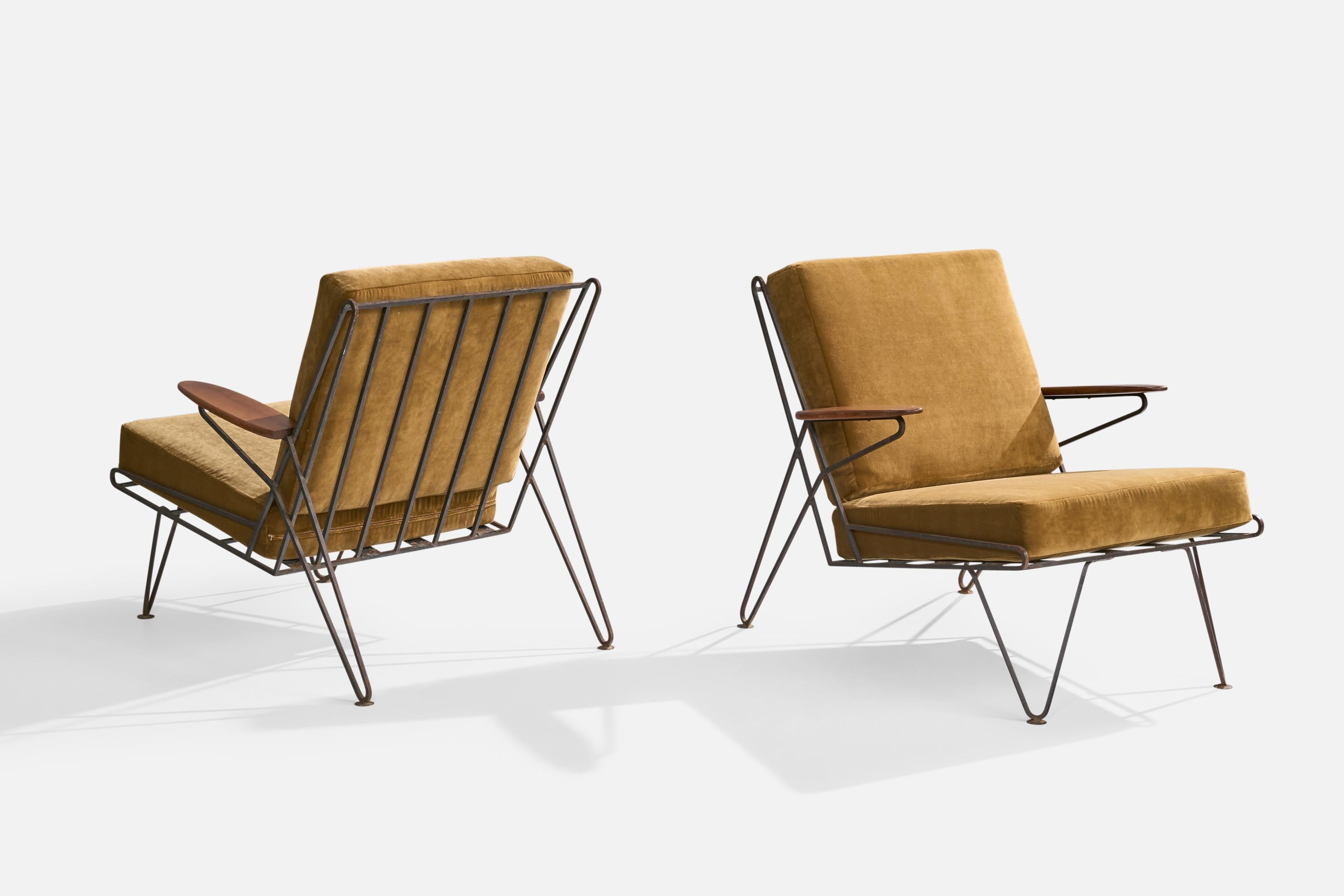 Mid-20th Century American Designer, Lounge Chairs, Iron, Wood, Velvet, USA, 1950s For Sale