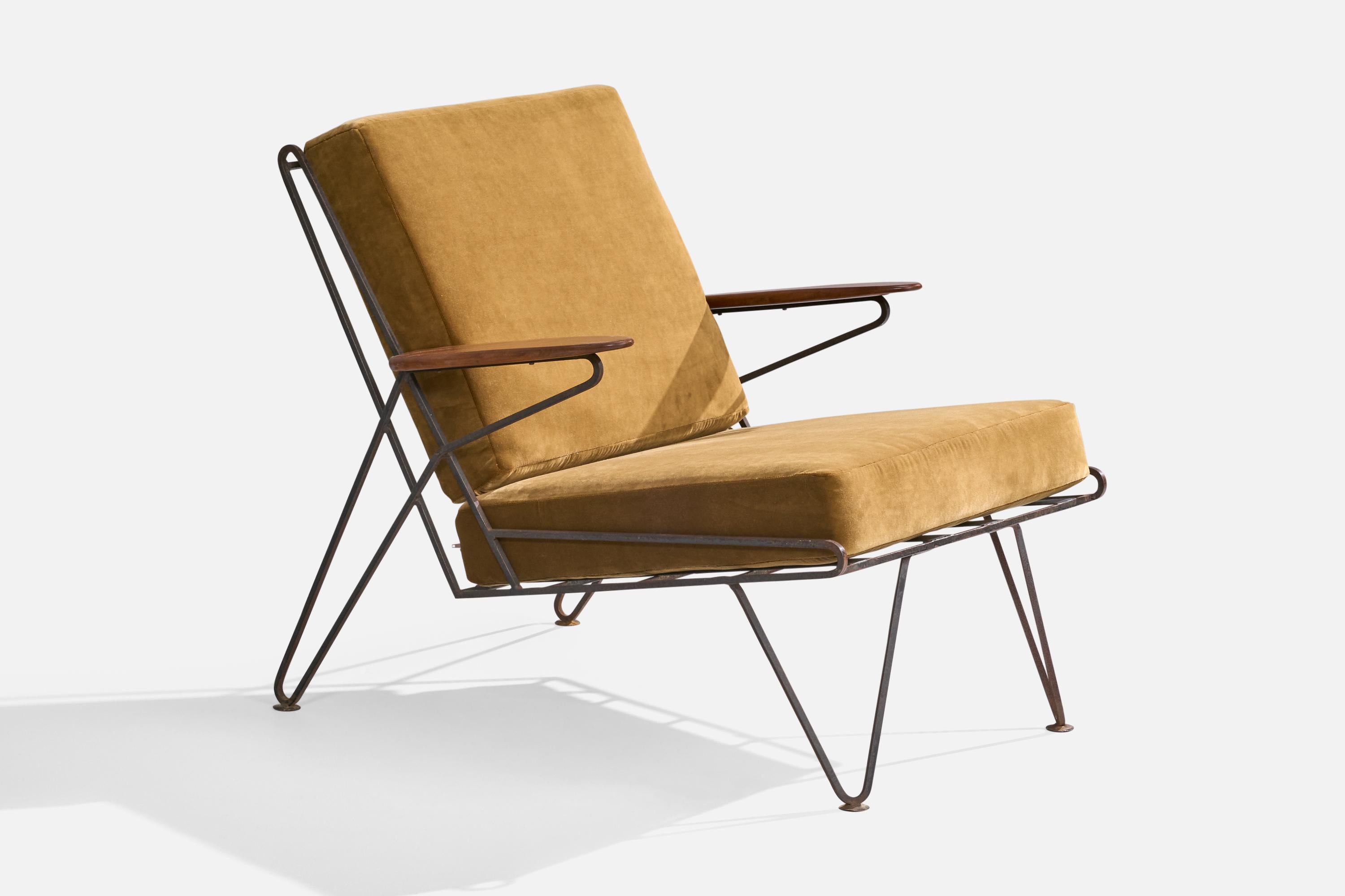 American Designer, Lounge Chairs, Iron, Wood, Velvet, USA, 1950s For Sale 1