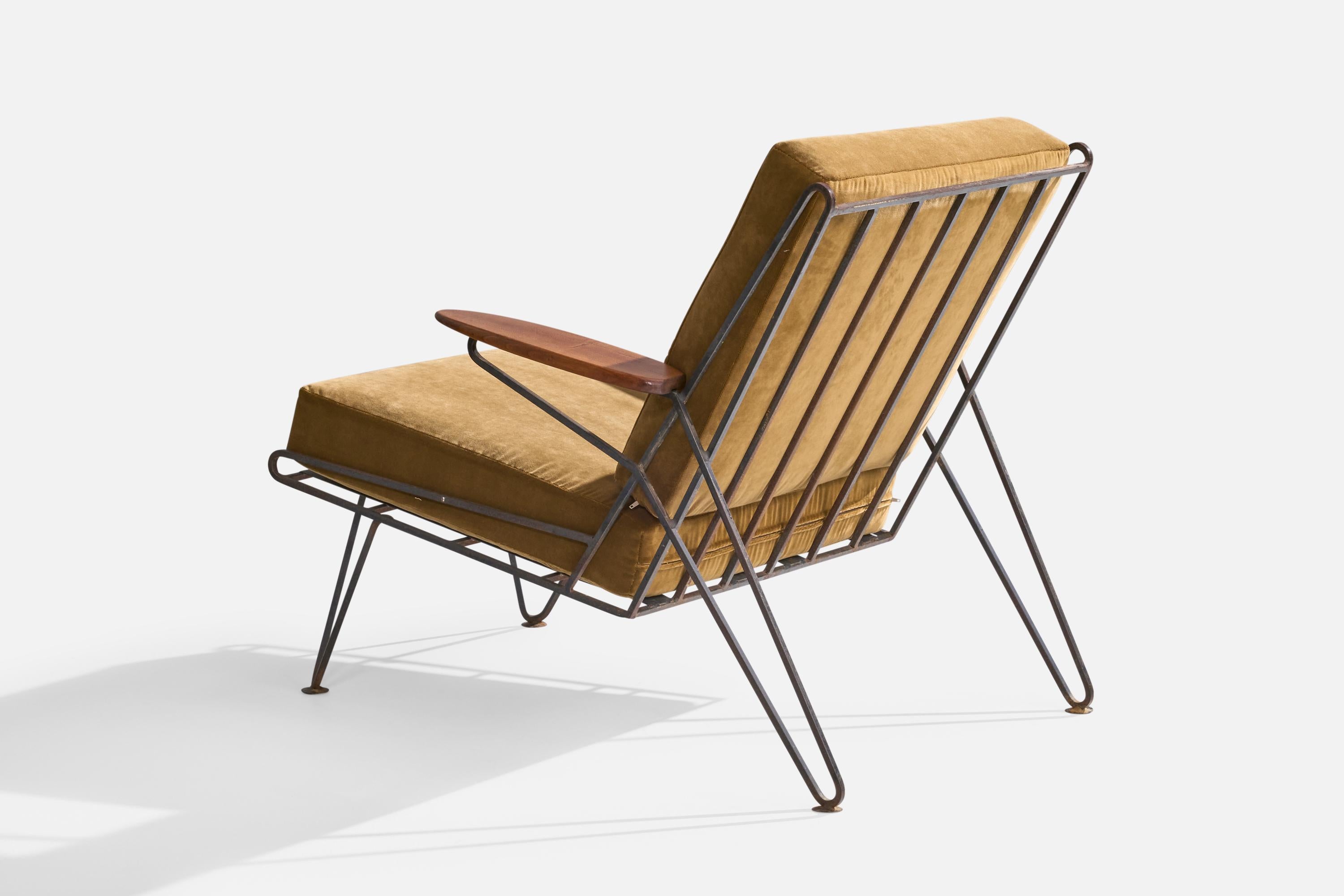 American Designer, Lounge Chairs, Iron, Wood, Velvet, USA, 1950s For Sale 2