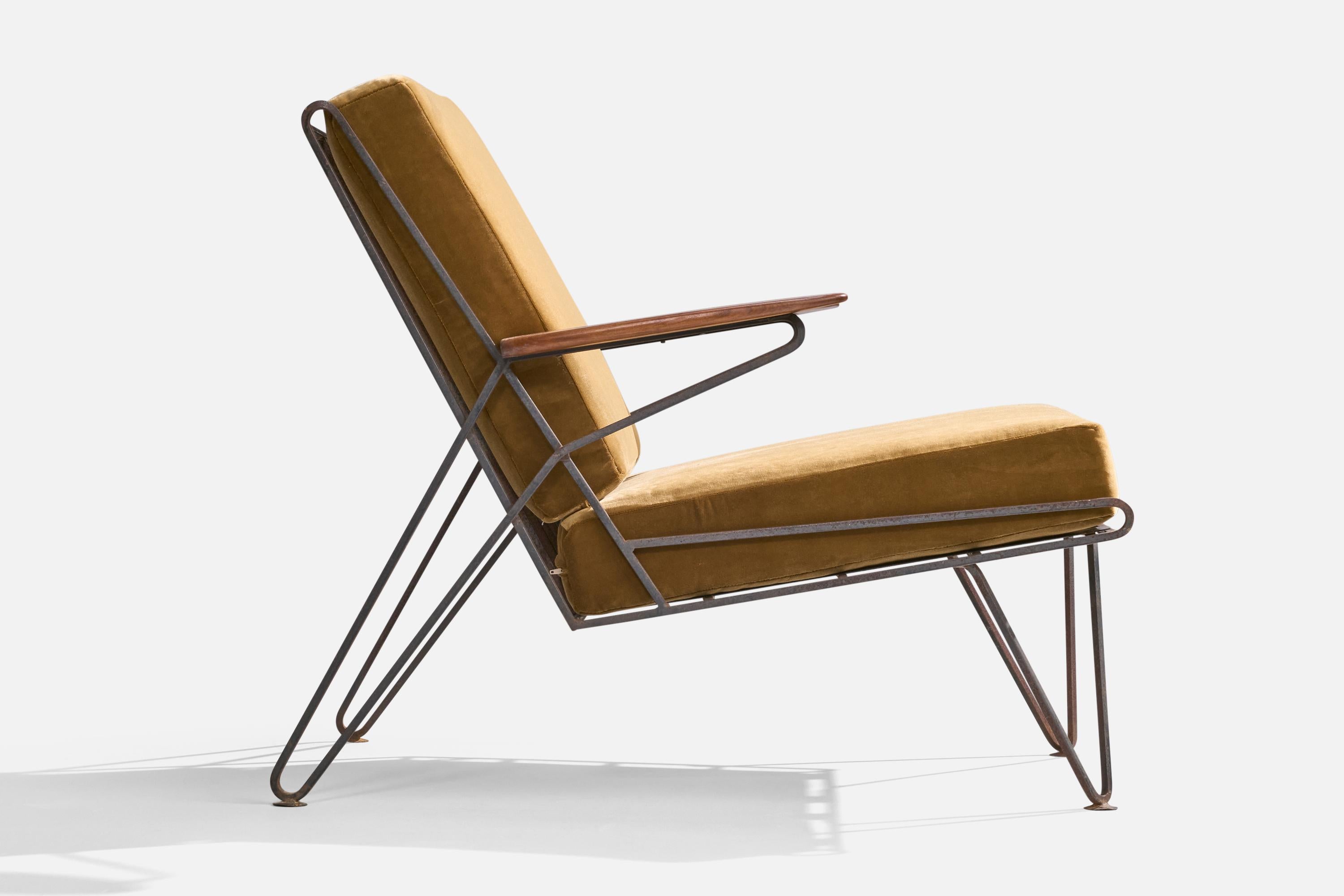 American Designer, Lounge Chairs, Iron, Wood, Velvet, USA, 1950s For Sale 3