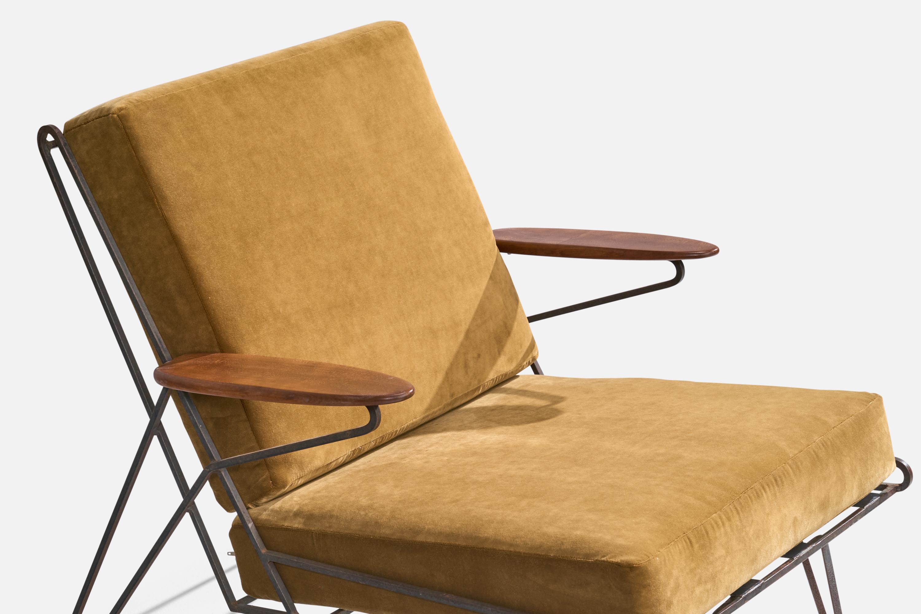 American Designer, Lounge Chairs, Iron, Wood, Velvet, USA, 1950s For Sale 4
