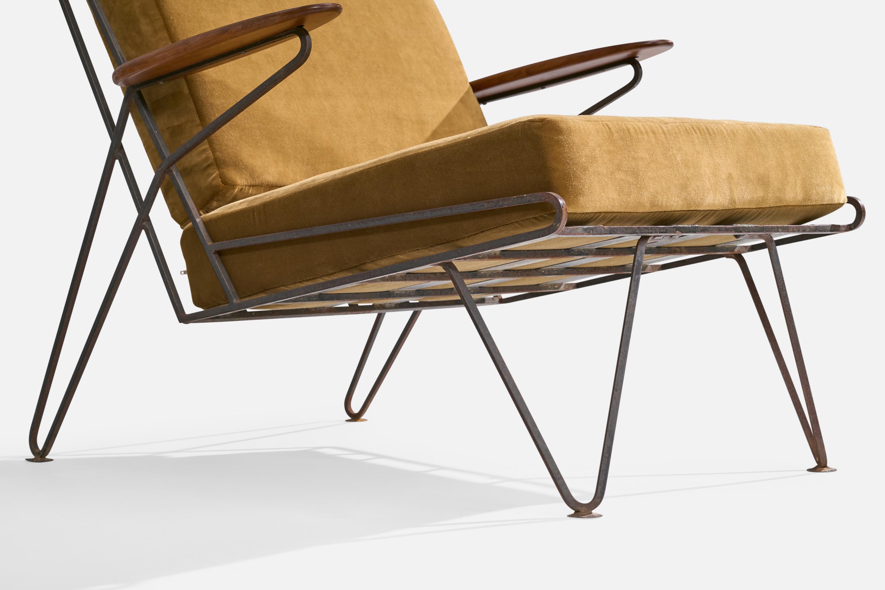 American Designer, Lounge Chairs, Iron, Wood, Velvet, USA, 1950s For Sale 5