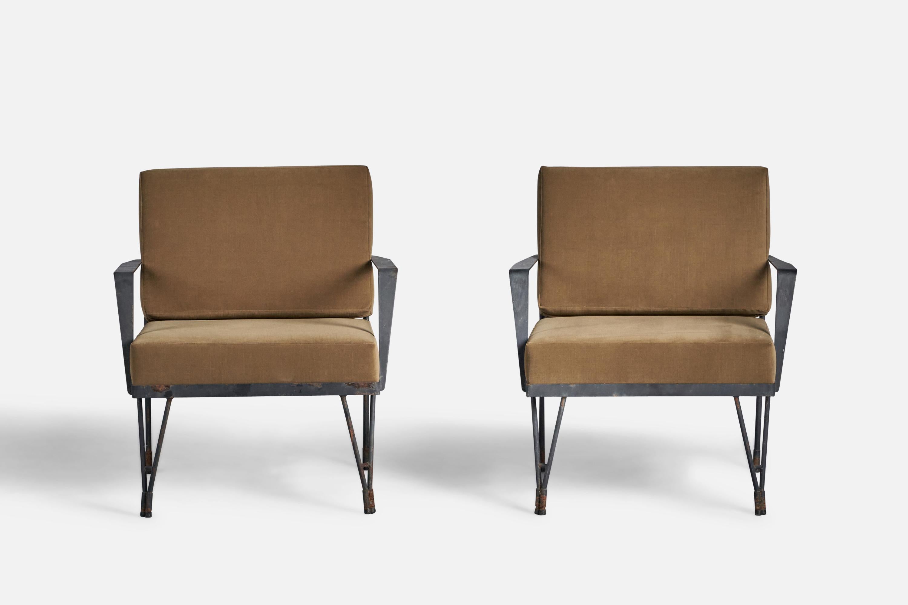 Mid-Century Modern American Designer, Lounge Chairs, Metal, Brass, Velvet, USA, 1950s For Sale