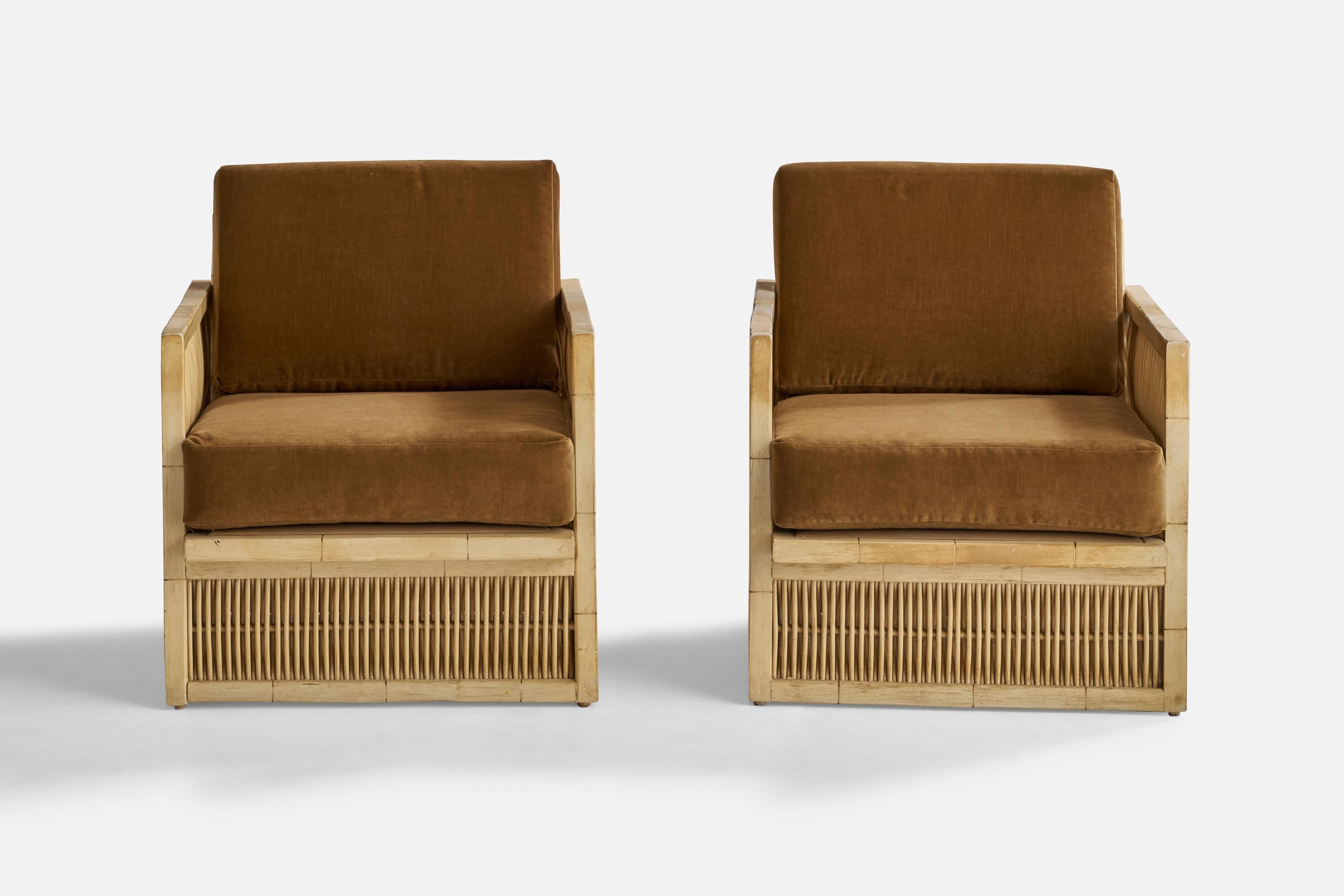 Mid-Century Modern American Designer, Lounge Chairs, Oak, Bamboo, Velvet, USA, 1960s For Sale