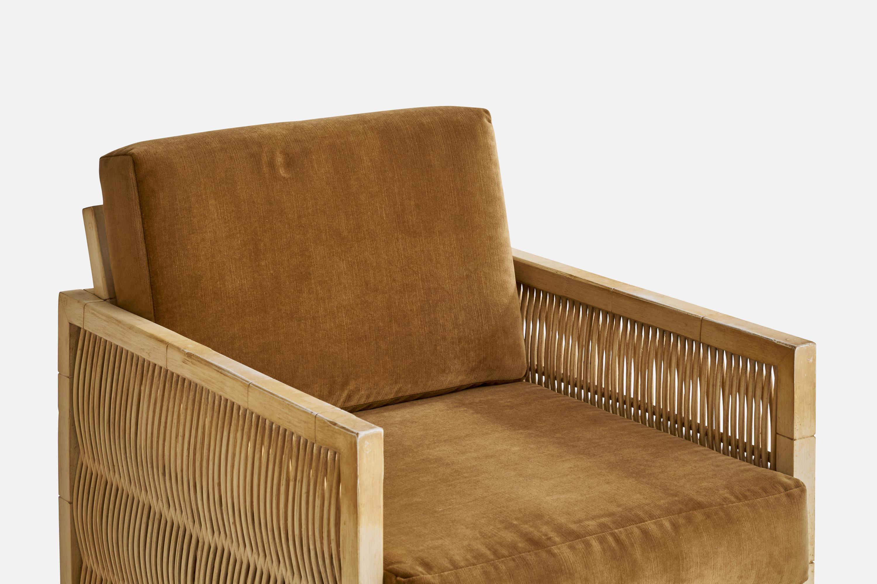 American Designer, Lounge Chairs, Oak, Bamboo, Velvet, USA, 1960s For Sale 1