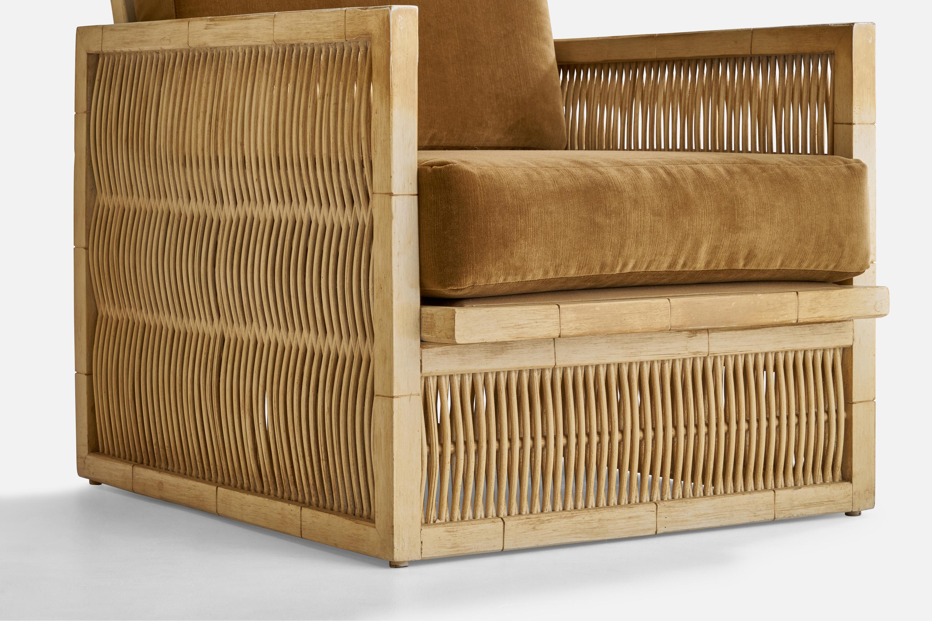 American Designer, Lounge Chairs, Oak, Bamboo, Velvet, USA, 1960s 2