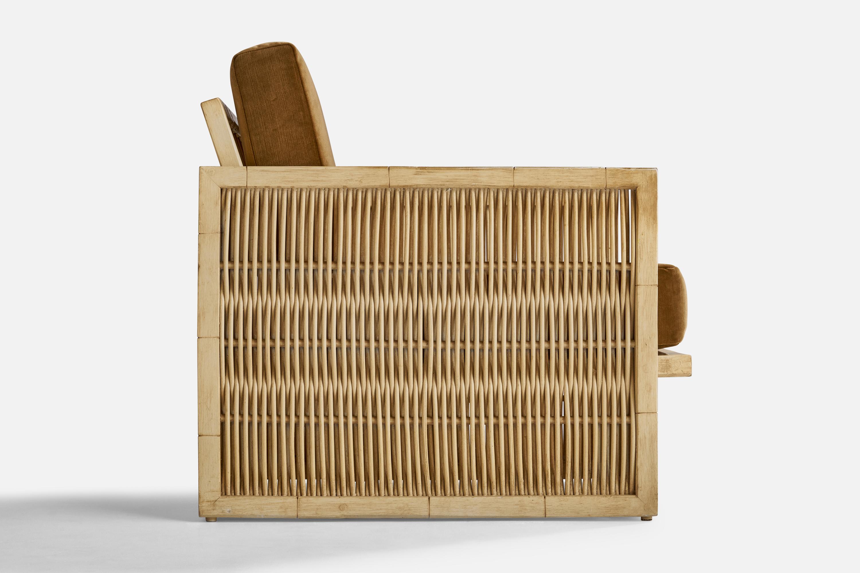 American Designer, Lounge Chairs, Oak, Bamboo, Velvet, USA, 1960s For Sale 3