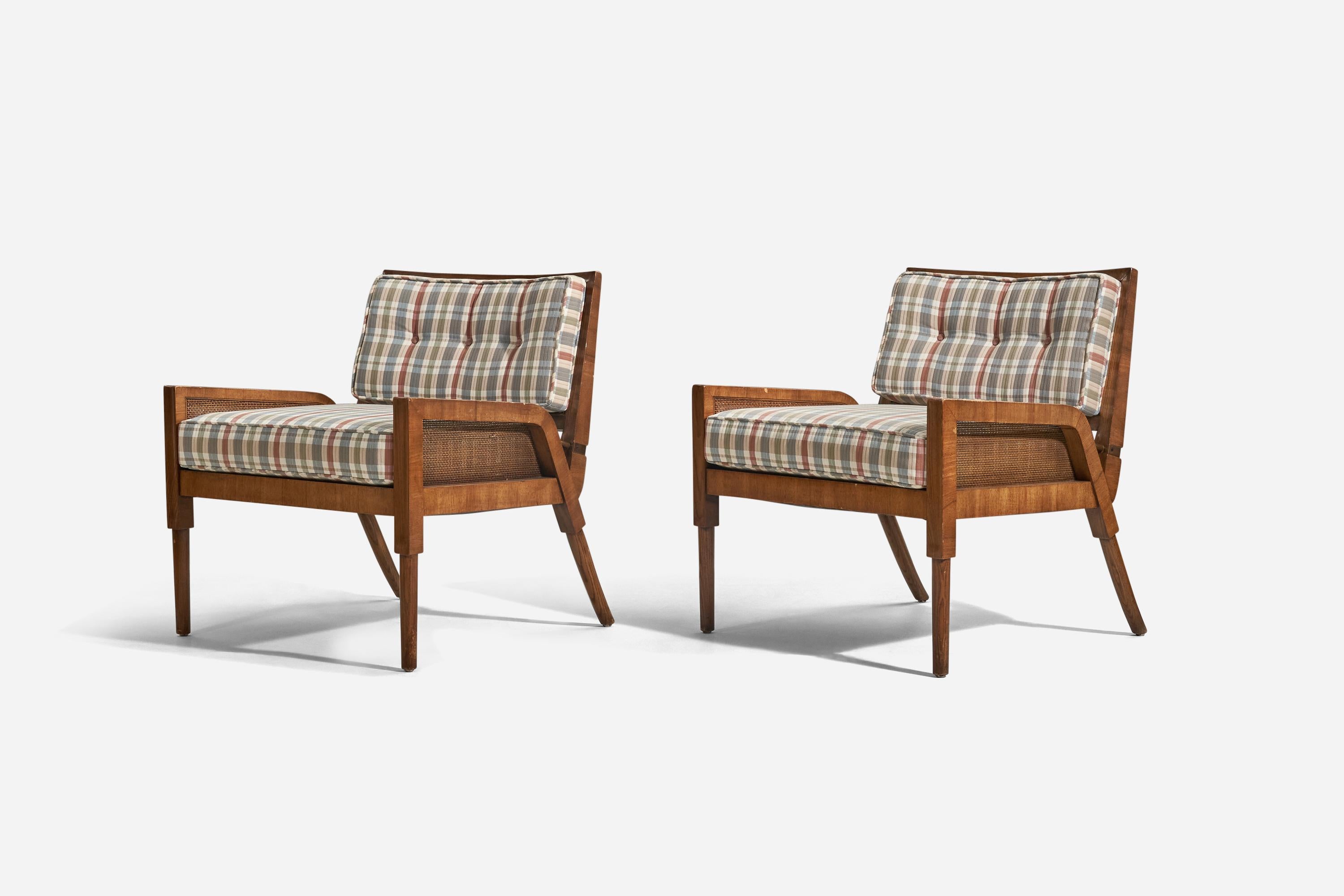 Mid-Century Modern American Designer, Lounge Chairs, Oak, Fabric, Cane, United States, 1950s For Sale