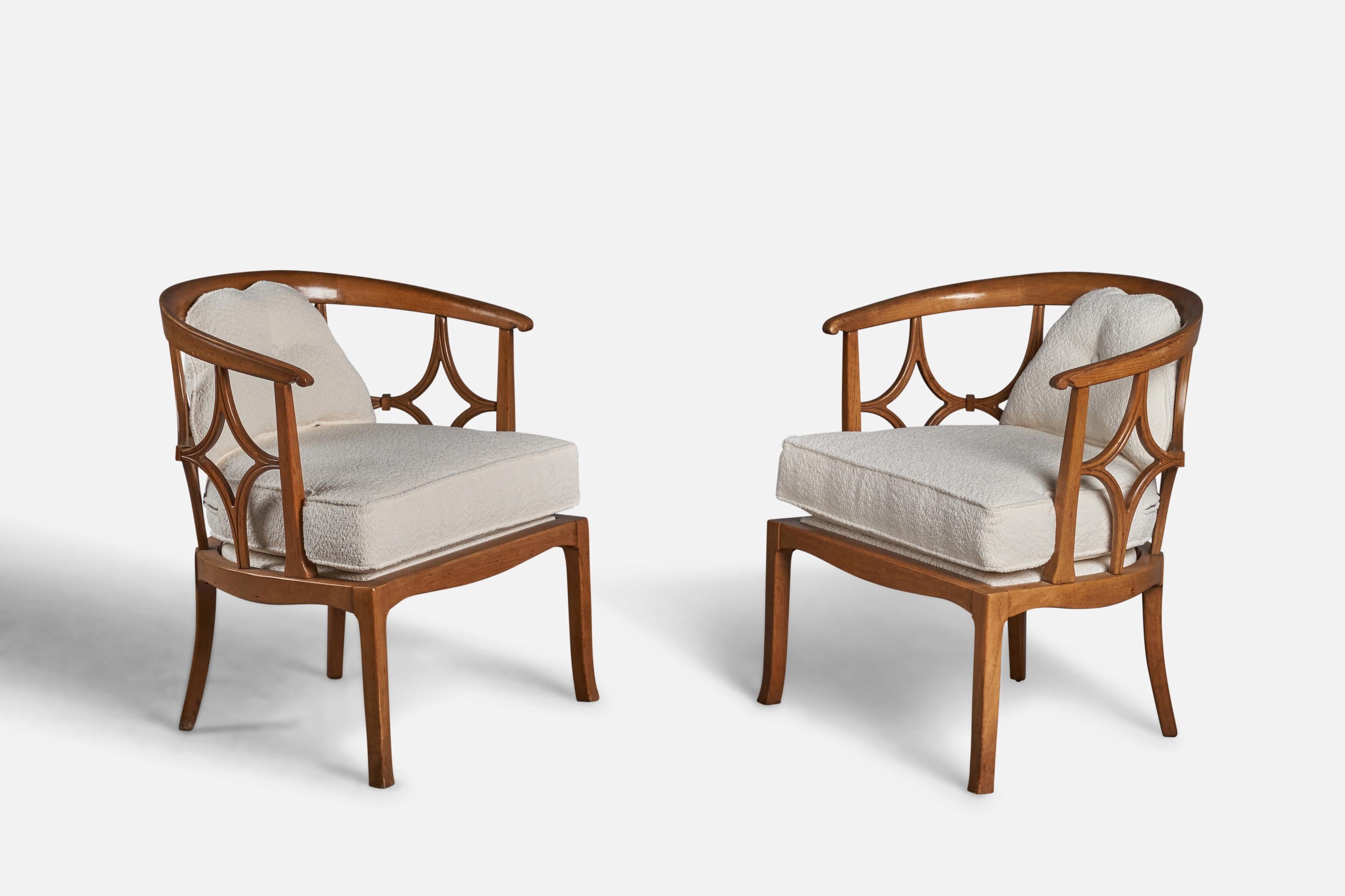 A pair of stained oak and white bouclé fabric lounge chairs designed and produced in the US, c. 1940s.
19