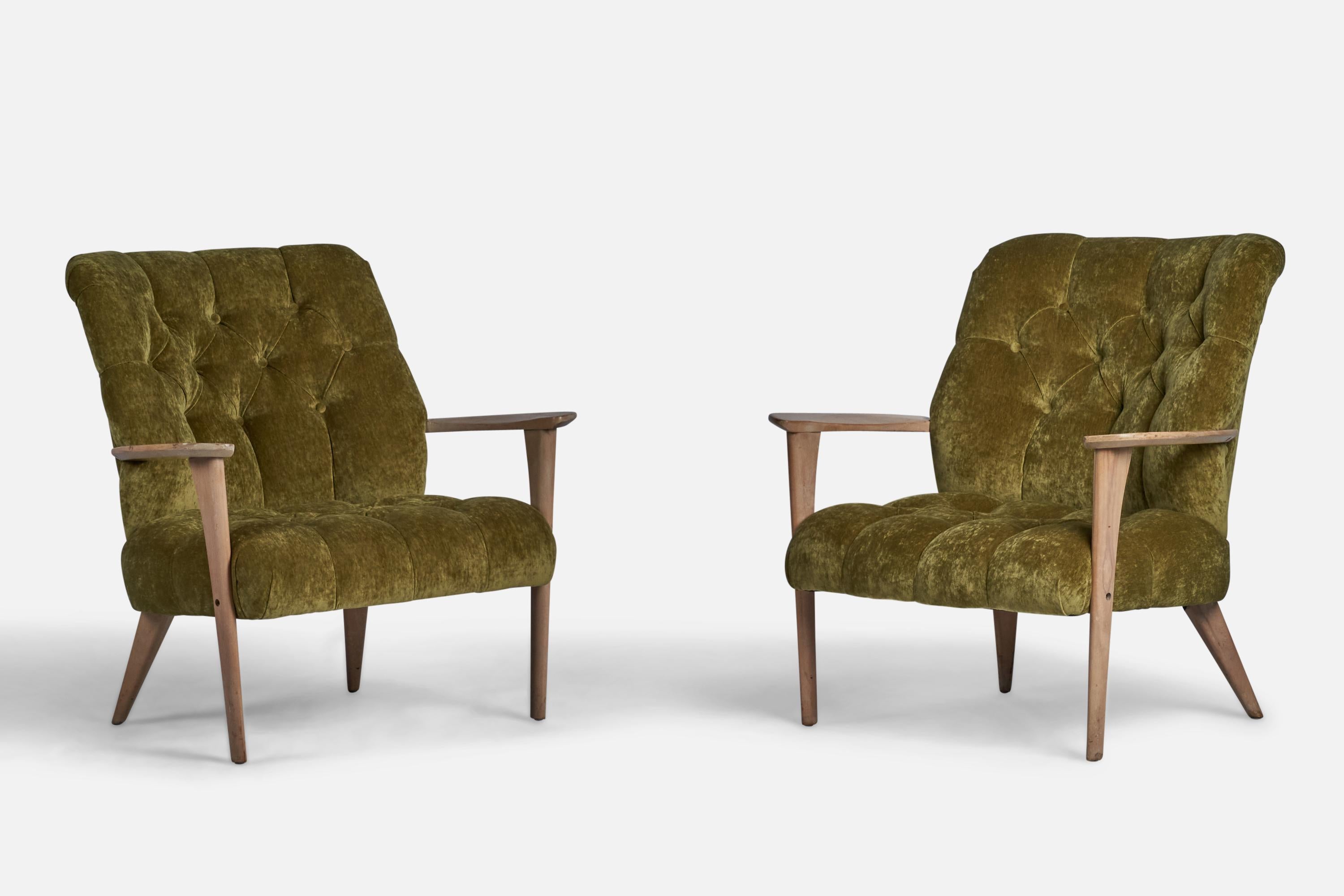 A pair of cerused oak and green velvet fabric lounge chairs designed and produced in the US, 1940s
Seat height: 14.85”