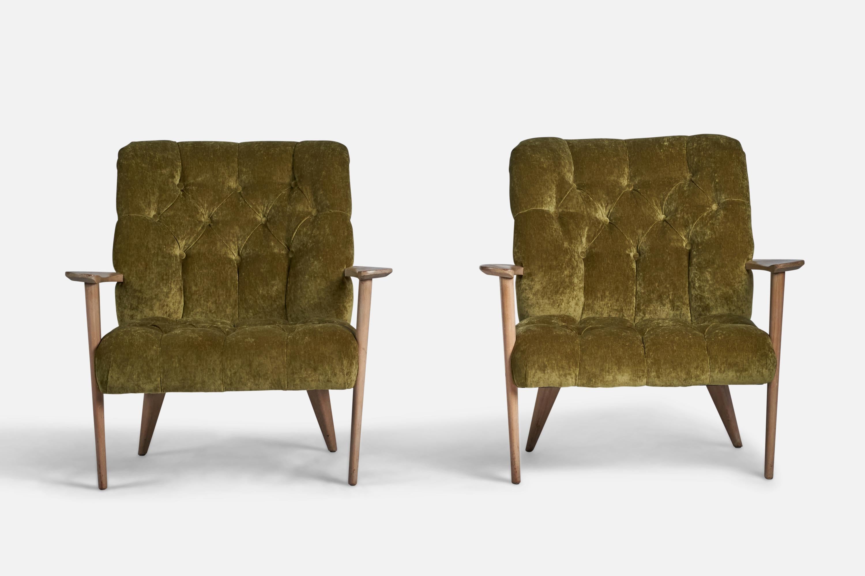 Mid-Century Modern American Designer, Lounge Chairs, Oak, Fabric, USA, 1940s For Sale