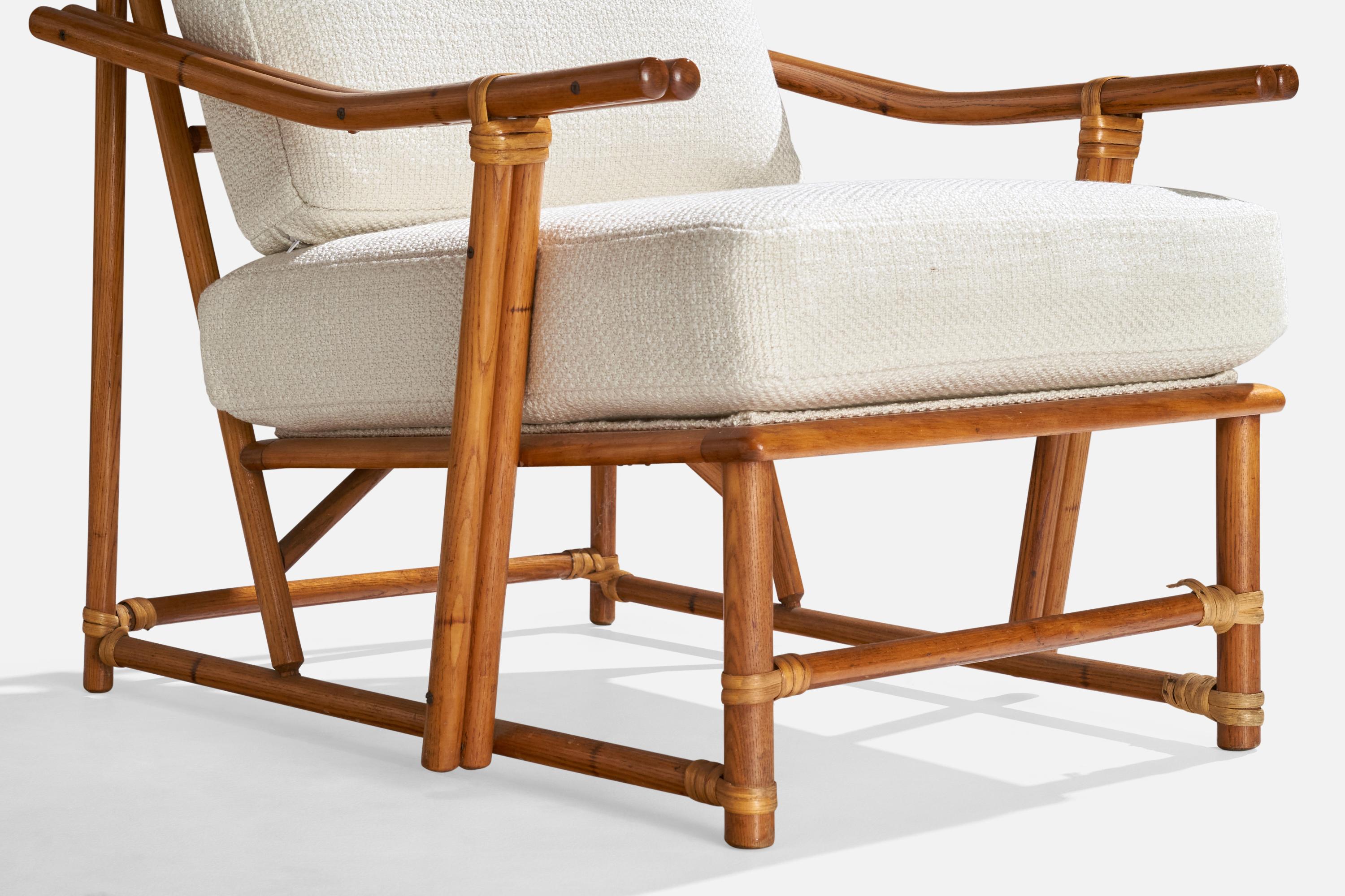 American Designer, Lounge Chairs, Oak, Rattan, Fabric, USA, 1950s For Sale 5