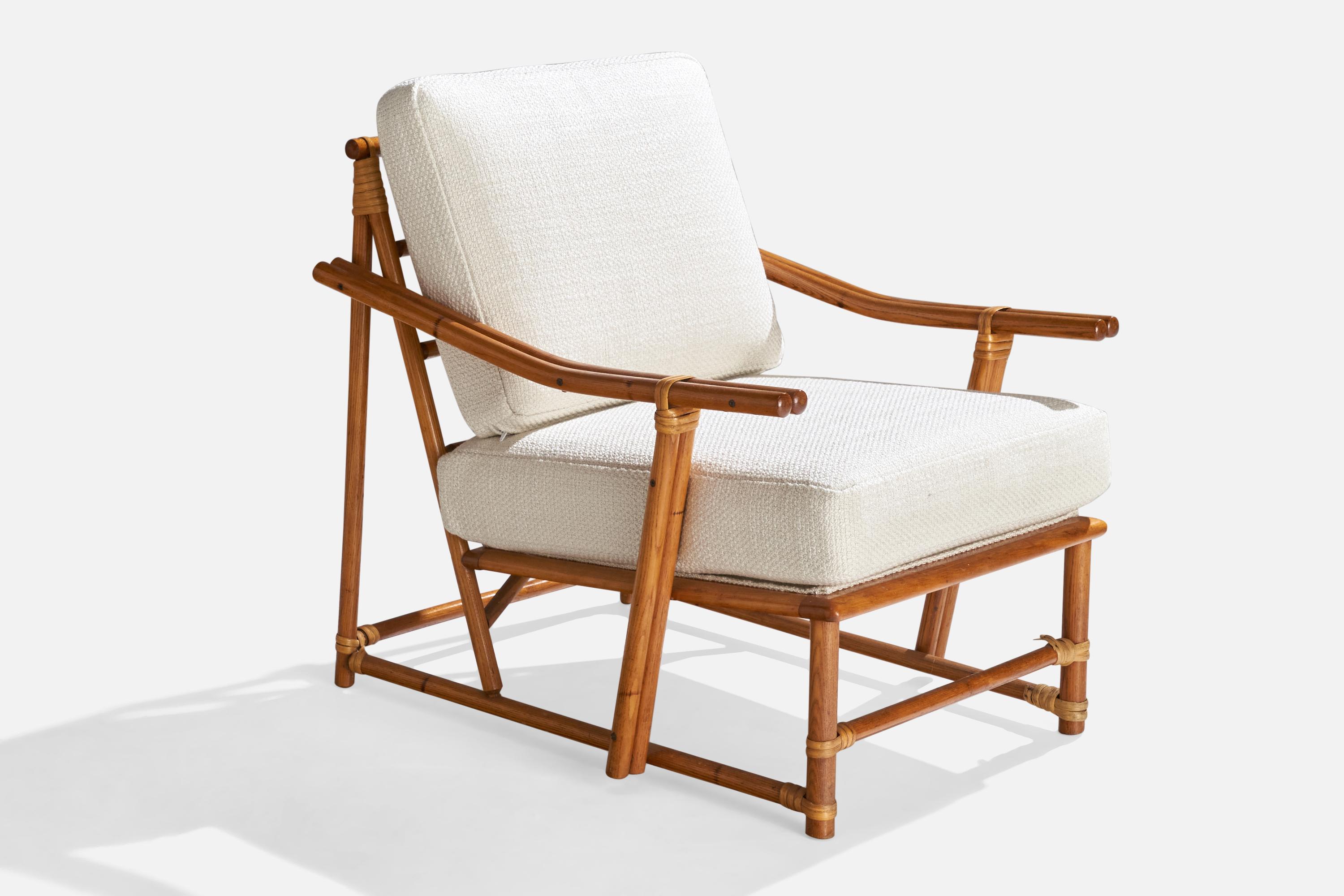 Mid-20th Century American Designer, Lounge Chairs, Oak, Rattan, Fabric, USA, 1950s For Sale