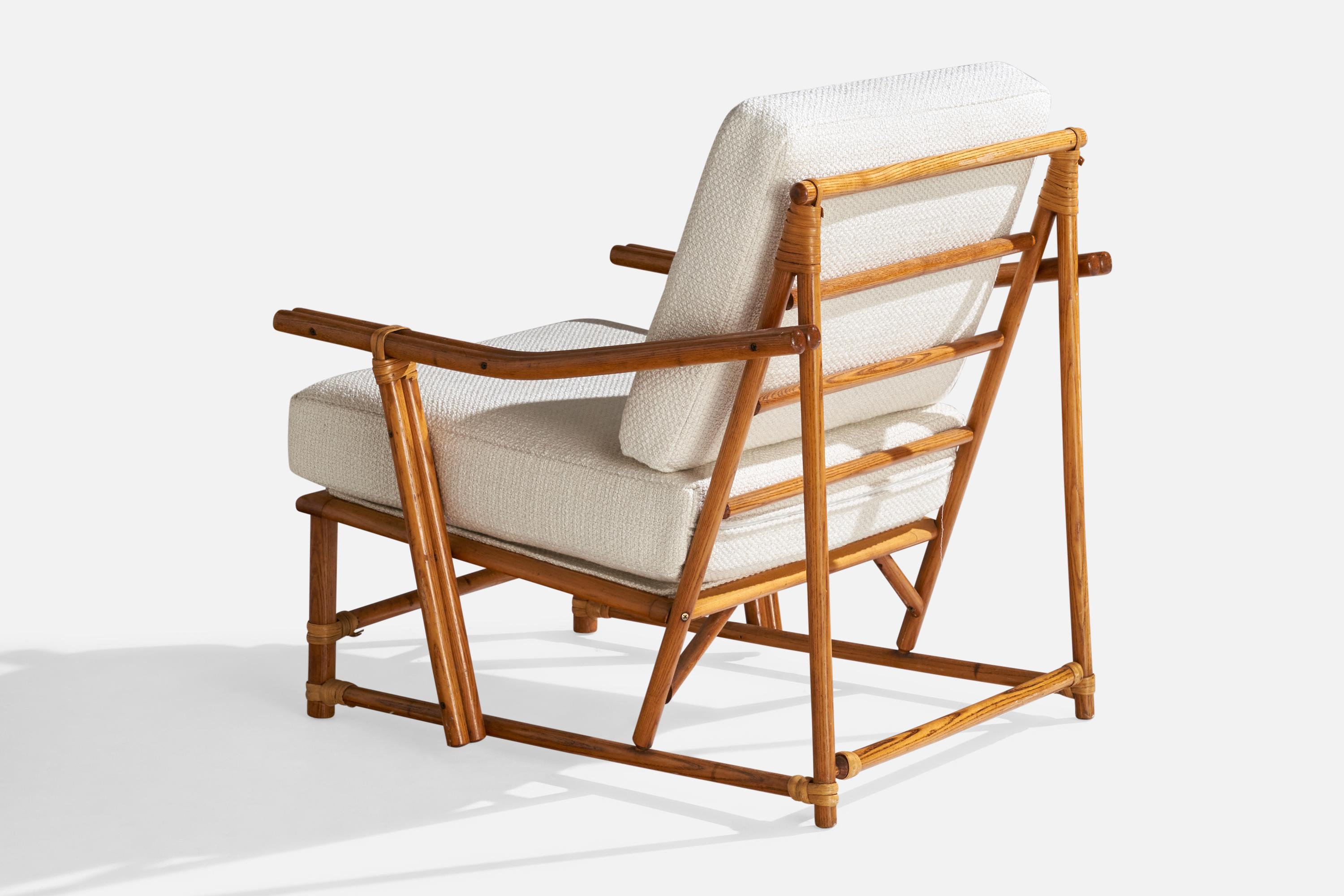 American Designer, Lounge Chairs, Oak, Rattan, Fabric, USA, 1950s For Sale 1