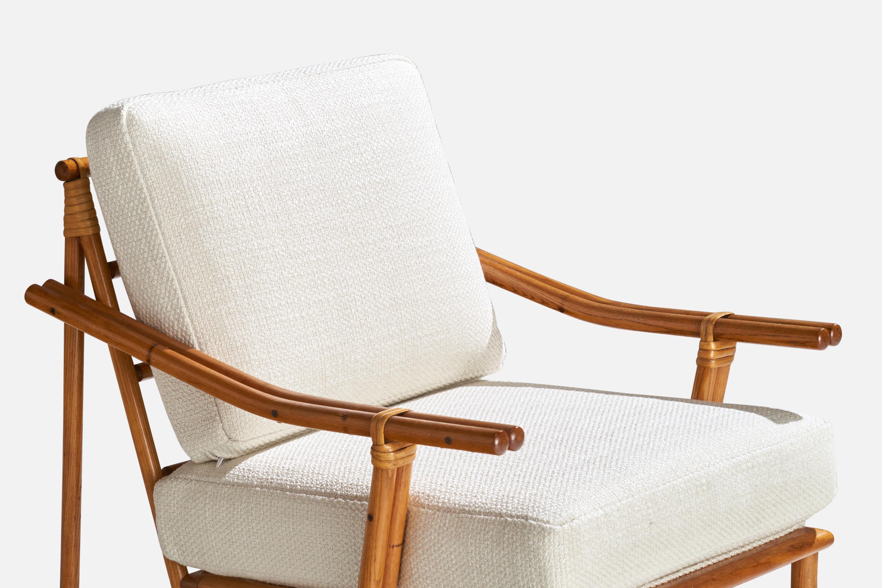 American Designer, Lounge Chairs, Oak, Rattan, Fabric, USA, 1950s For Sale 4