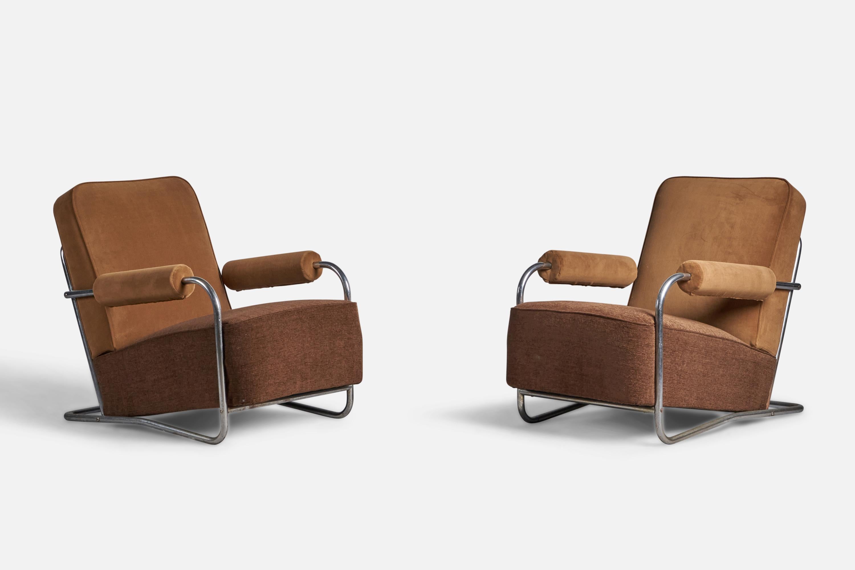 A pair of tubular steel, brown fabric and beige velvet lounge chairs, designed and produced in the US, 1930s.

17” seat height