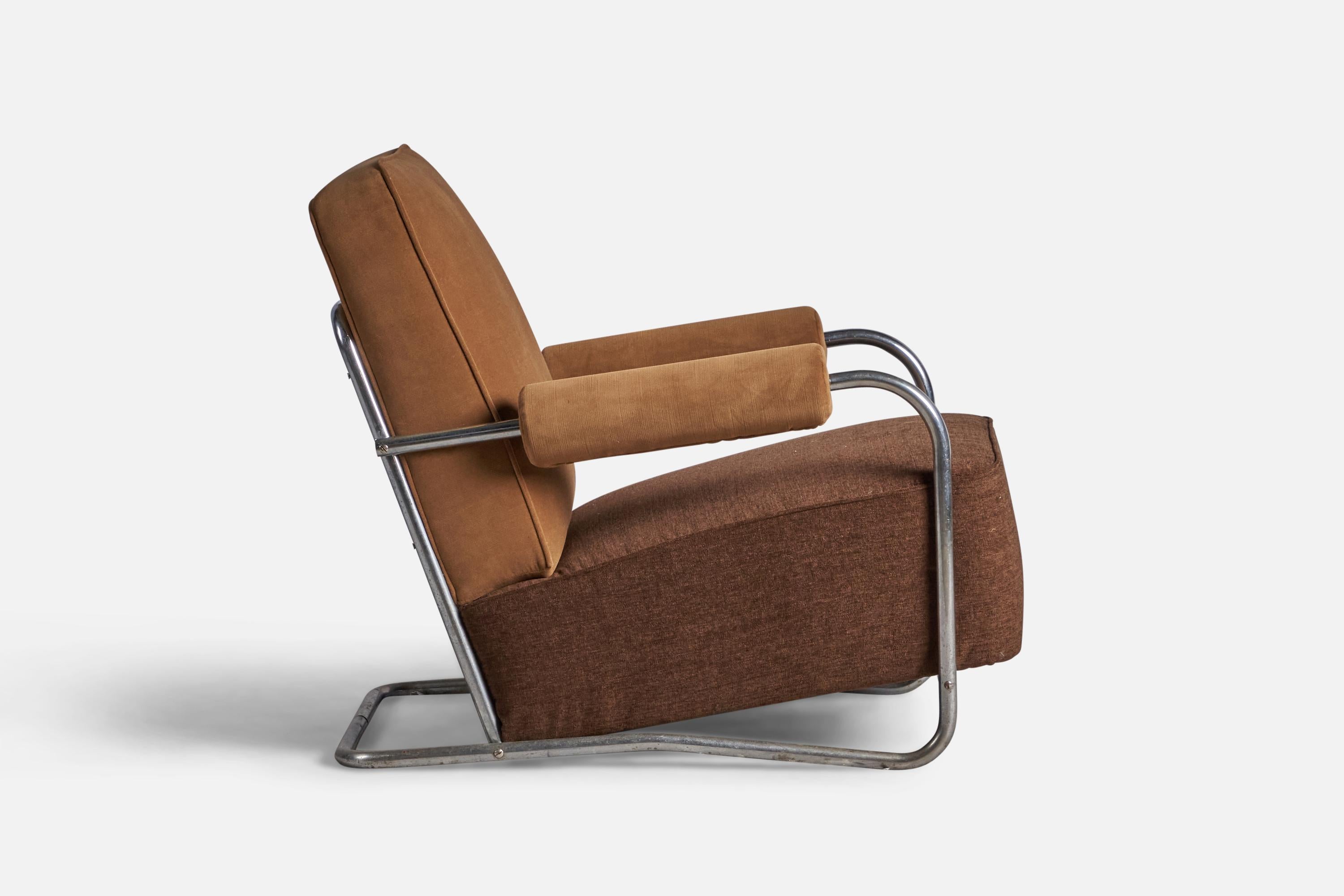 Machine Age American Designer, Lounge Chairs, Tubular Steel, Fabric, USA, 1930s For Sale