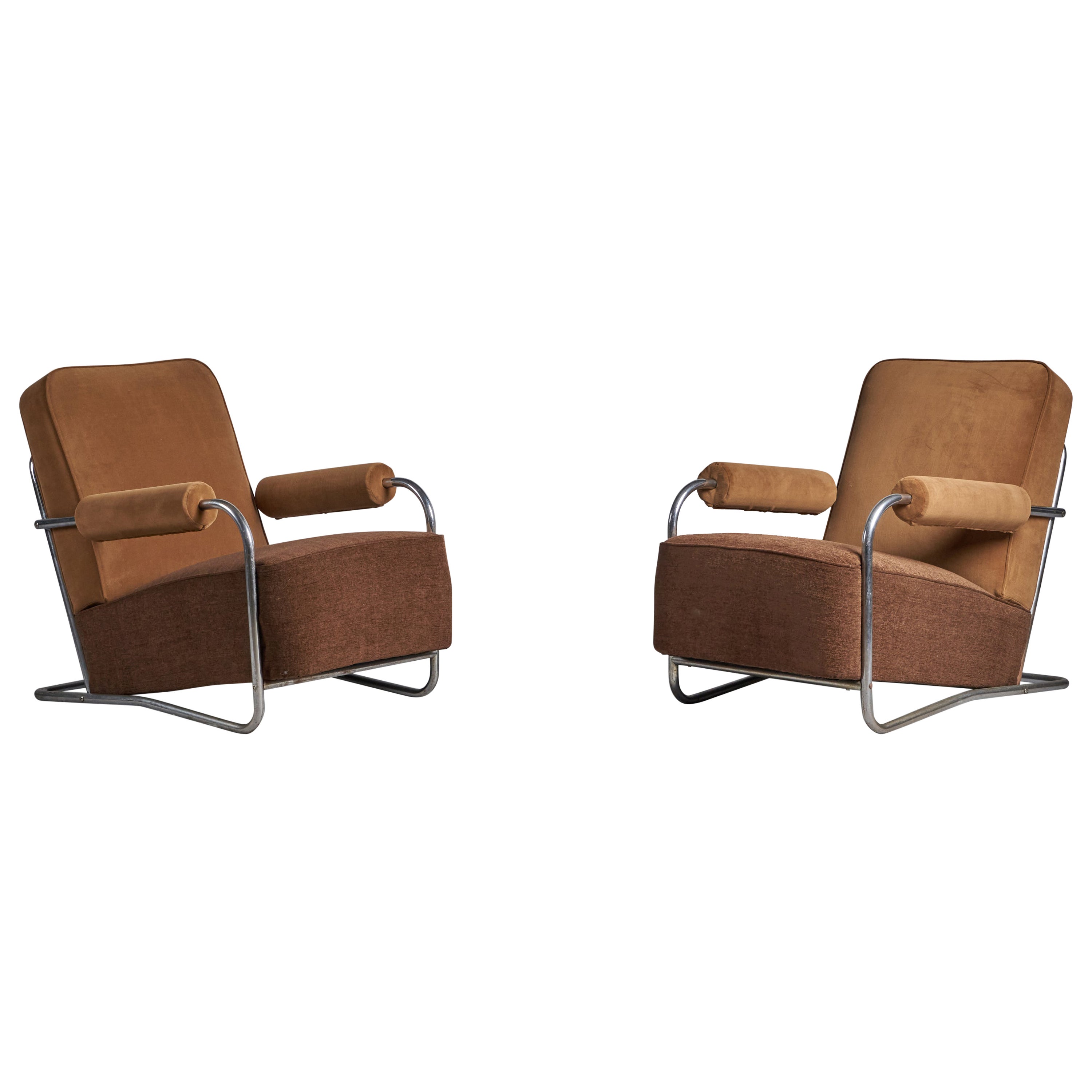 American Designer, Lounge Chairs, Tubular Steel, Fabric, USA, 1930s